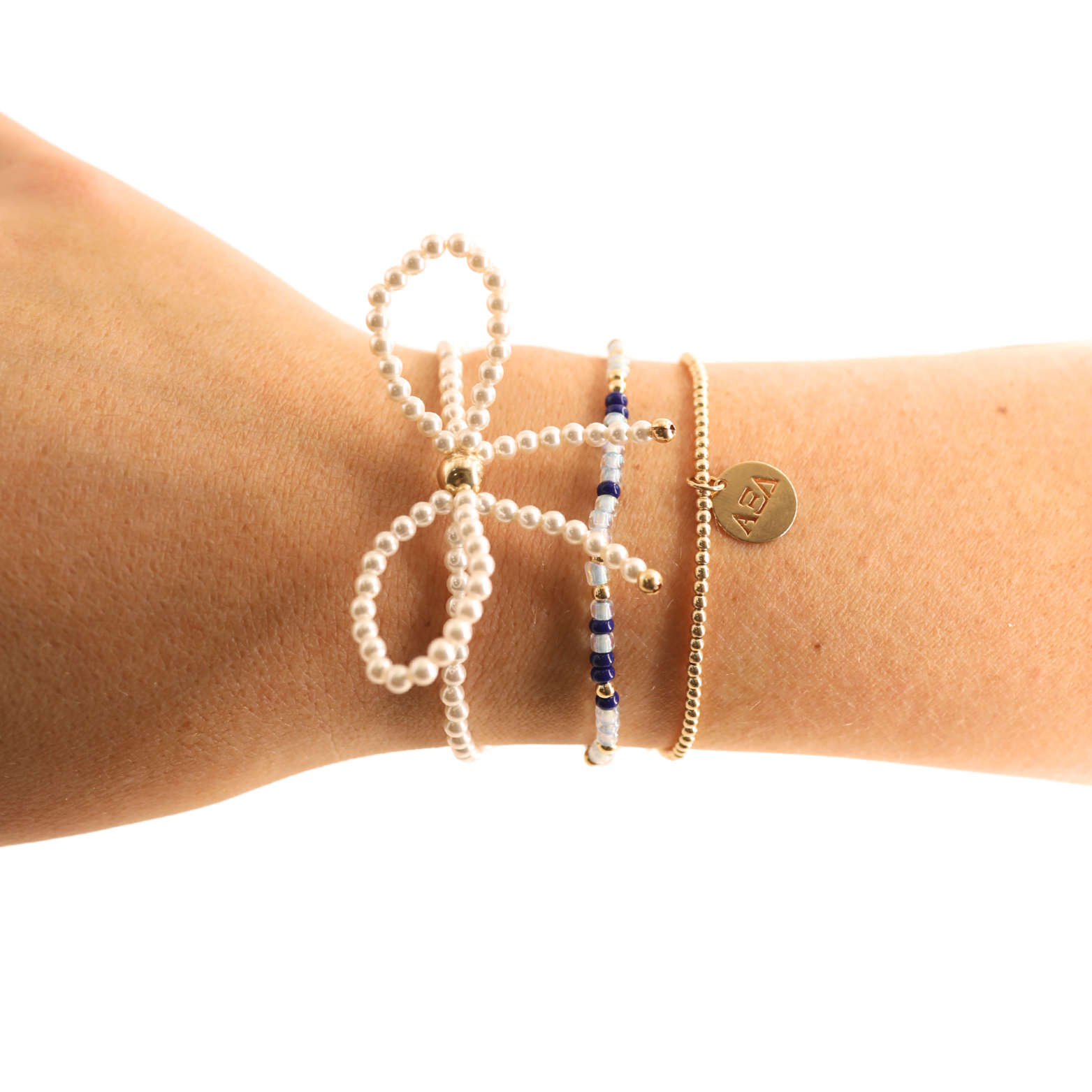 Alpha Xi Delta Charm + Sprinkle Bow Bracelet Stack