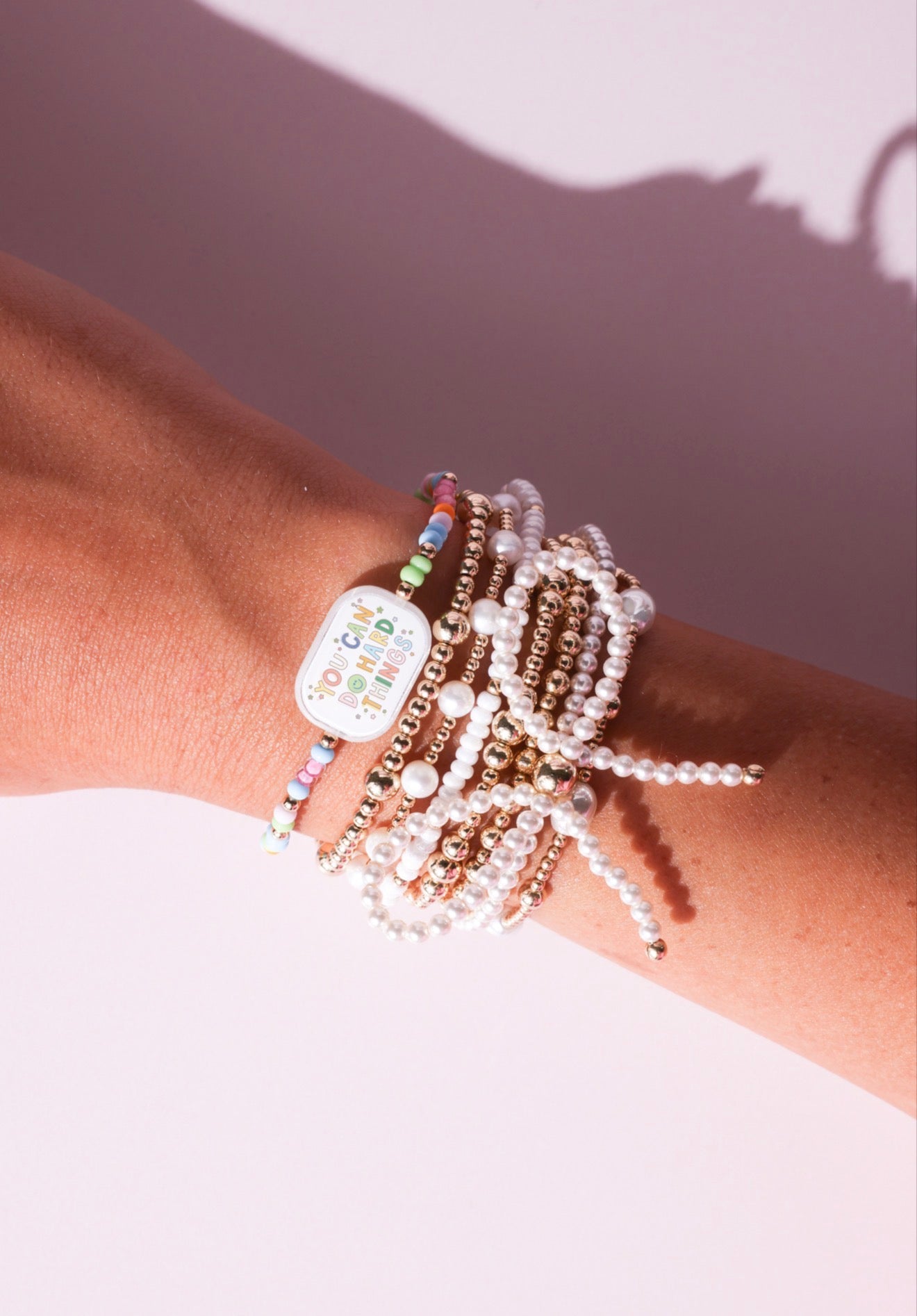 You Can Do Hard Things Bracelet on Color + Luster White Sprinkle + Pearl Bow Stack of 3