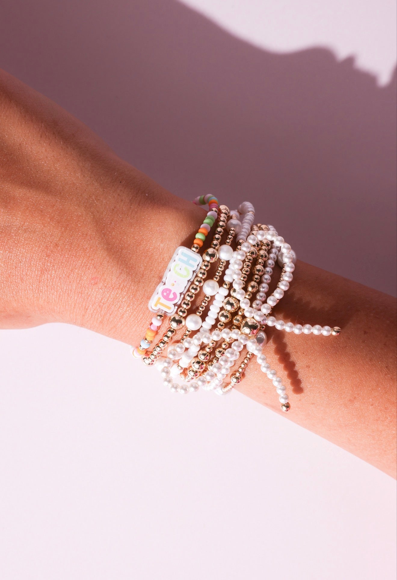 Teach Bracelet on Color + Luster White Sprinkle + Pearl Bow Stack of 3