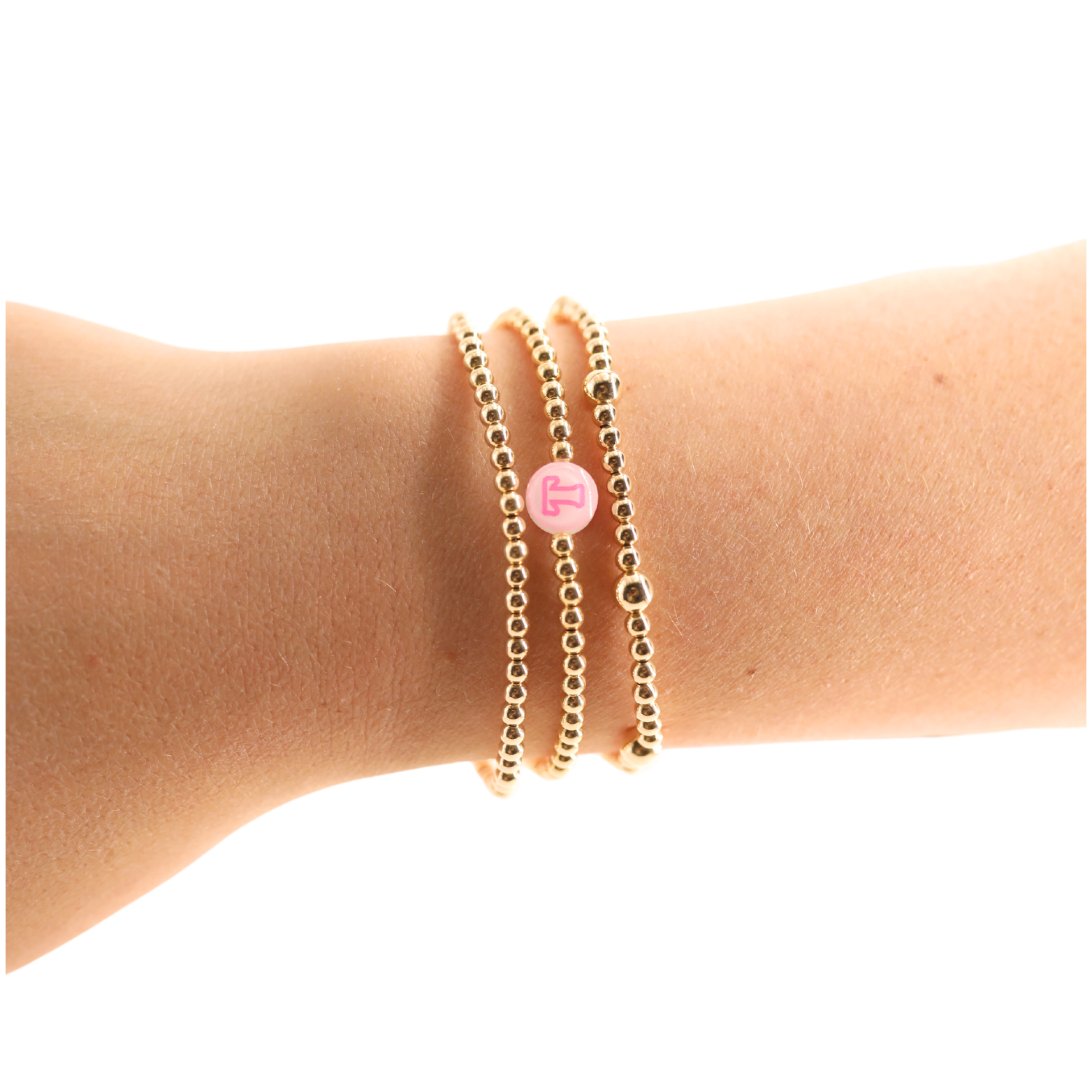 Olive + 3MM + Pink Initial Bracelet Stack