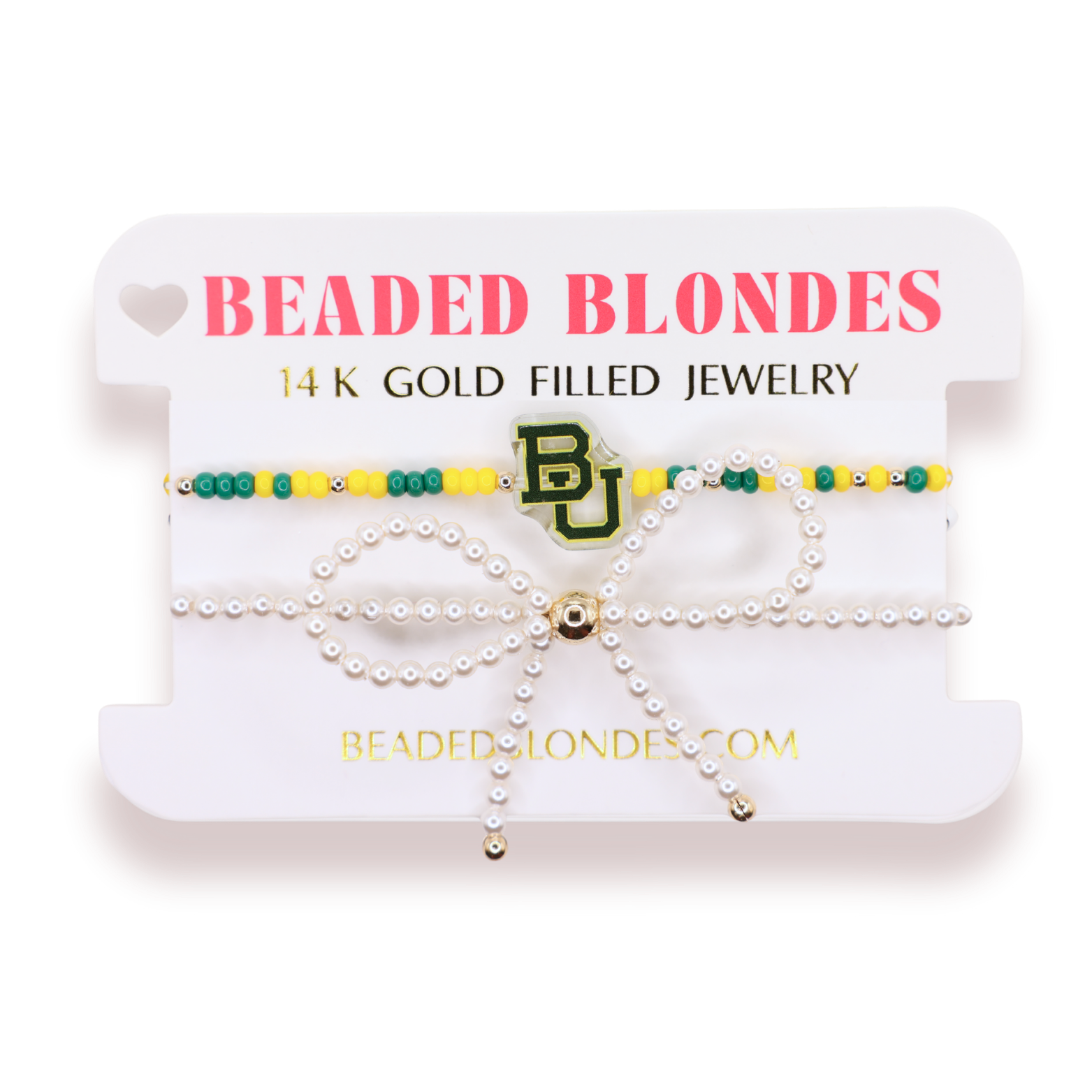Baylor Logo Bracelet + Pearl Bow Stack of 2