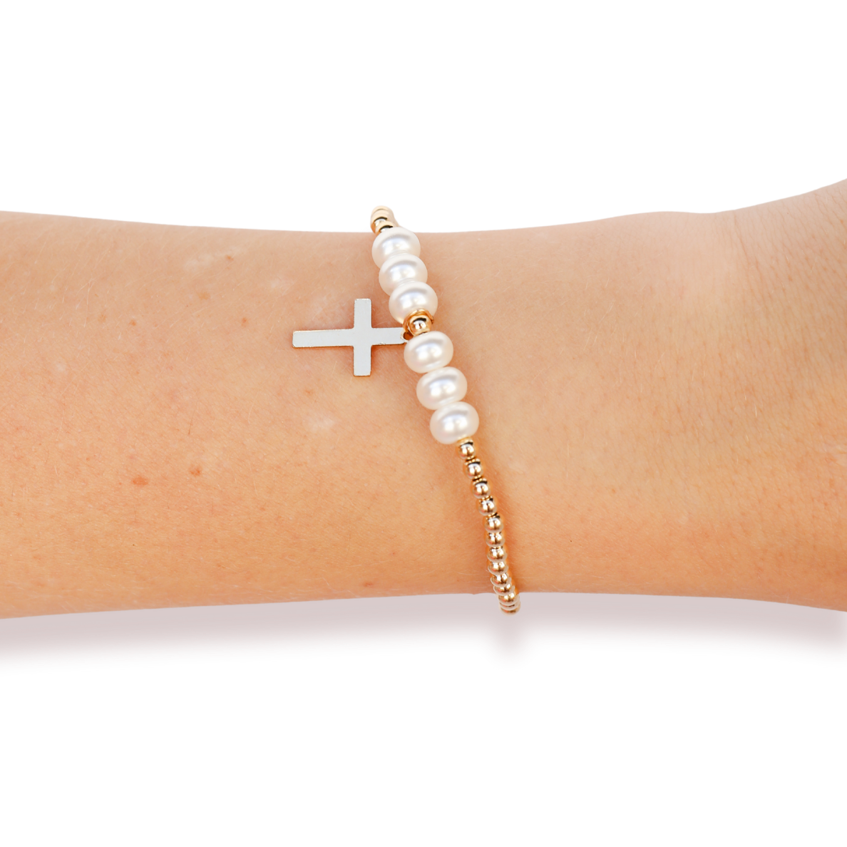 Cross + Pearl Gold Charm Bracelet