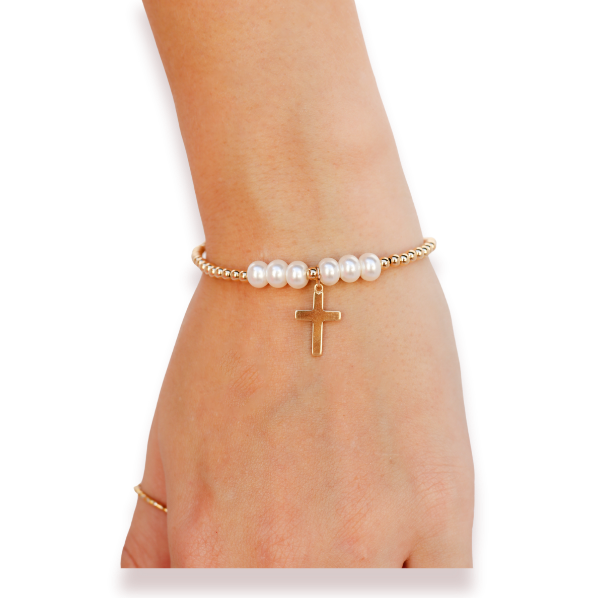 Cross + Pearl Gold Charm Bracelet