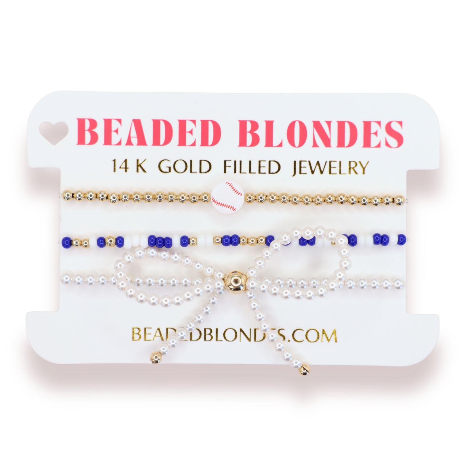 Baseball + Cobalt Blue and White Sprinkle Bracelet + Pearl Bow (Stack of 3)