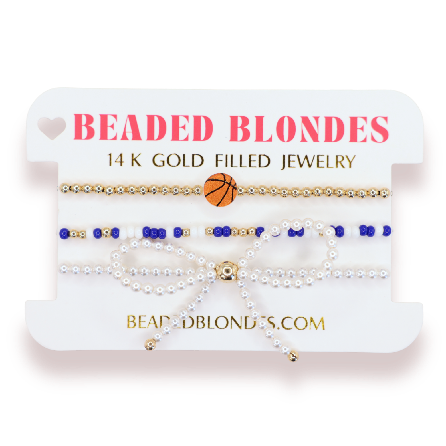 Basketball + Cobalt Blue and White Sprinkle Bracelet + Pearl Bow (Stack of 3)