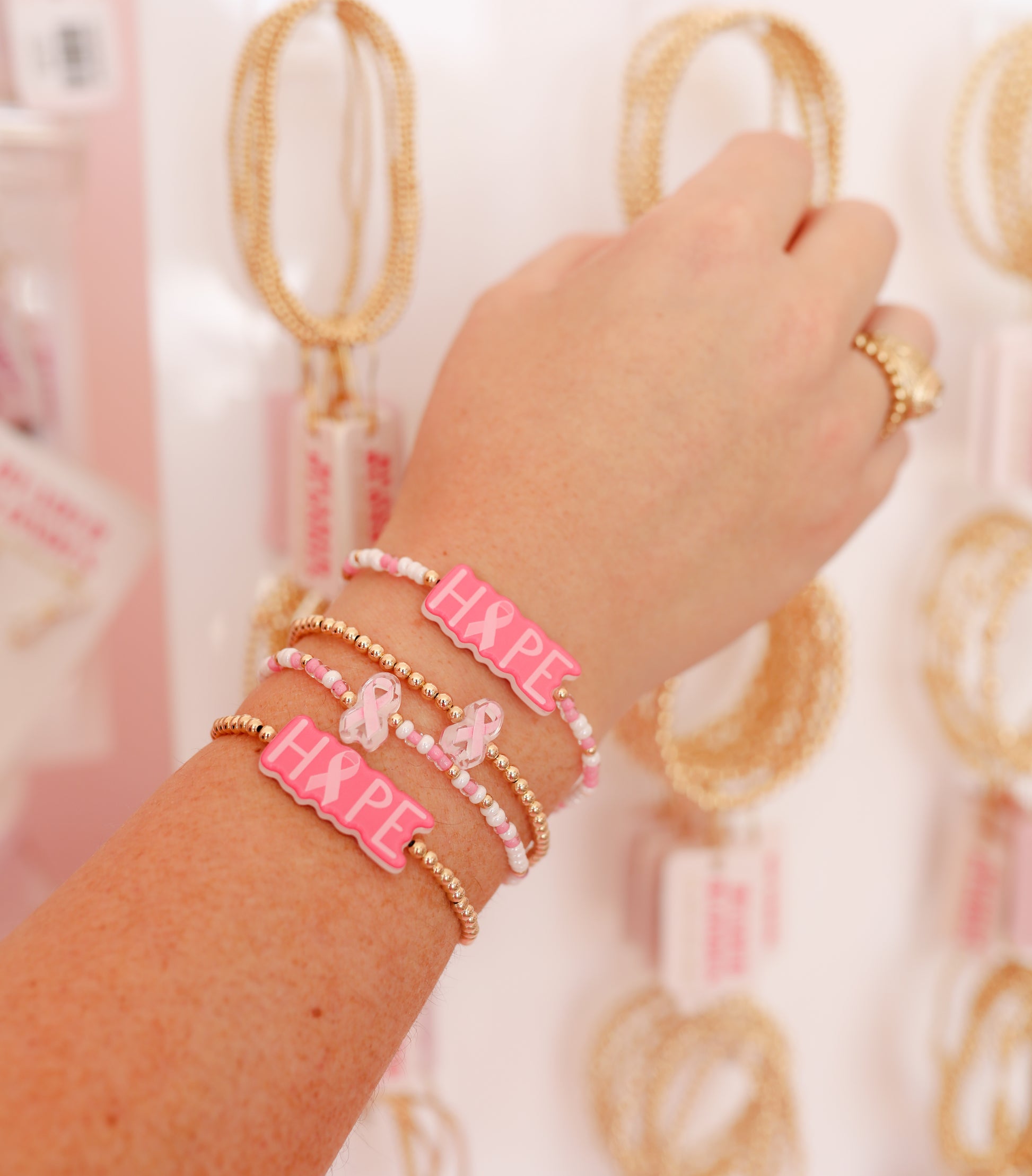 Breast Cancer Ribbon + Sprinkle Bracelet Stack of 2