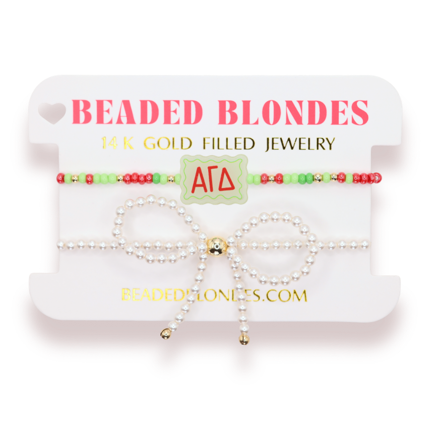 Alpha Gamma Delta Block Bracelet + Pearl Bow Stack of 2