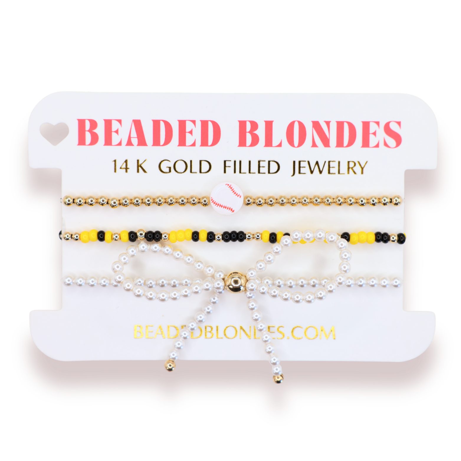 Baseball + Yellow and Black Sprinkle Bracelet + Pearl Bow (Stack of 3)