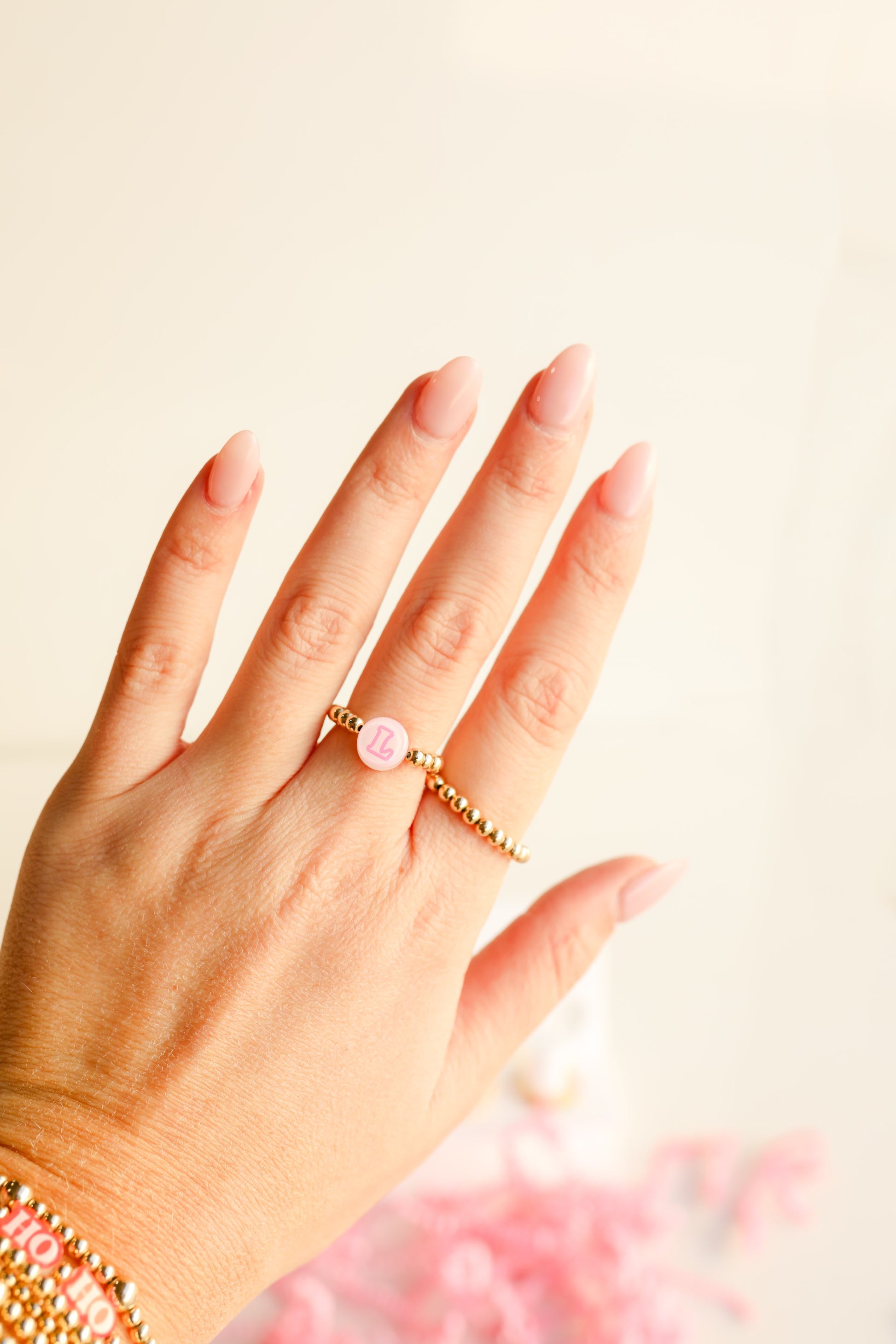 Pink BB Bead Initial Letter Ring