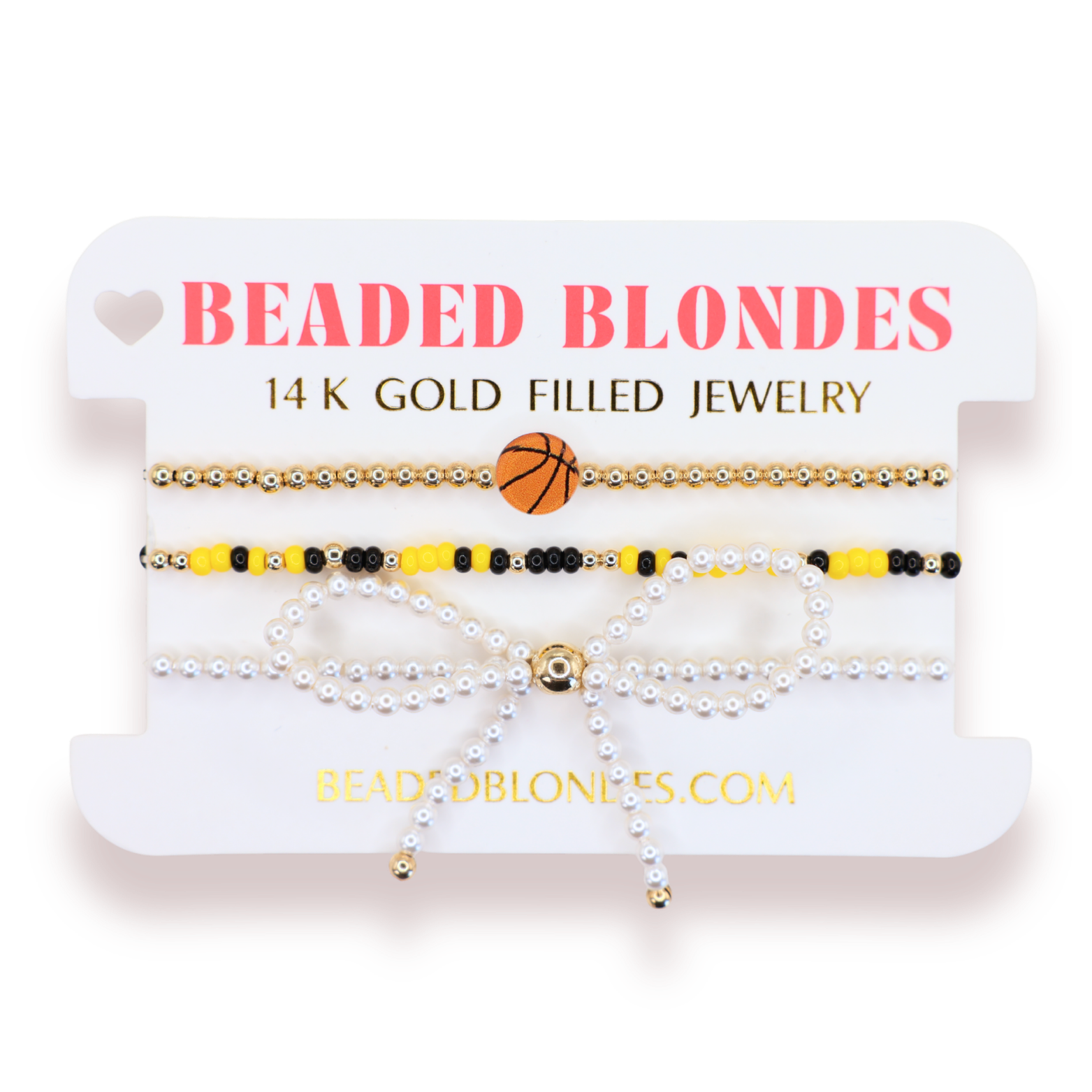 Basketball + Yellow and Black Sprinkle Bracelet + Pearl Bow (Stack of 3)