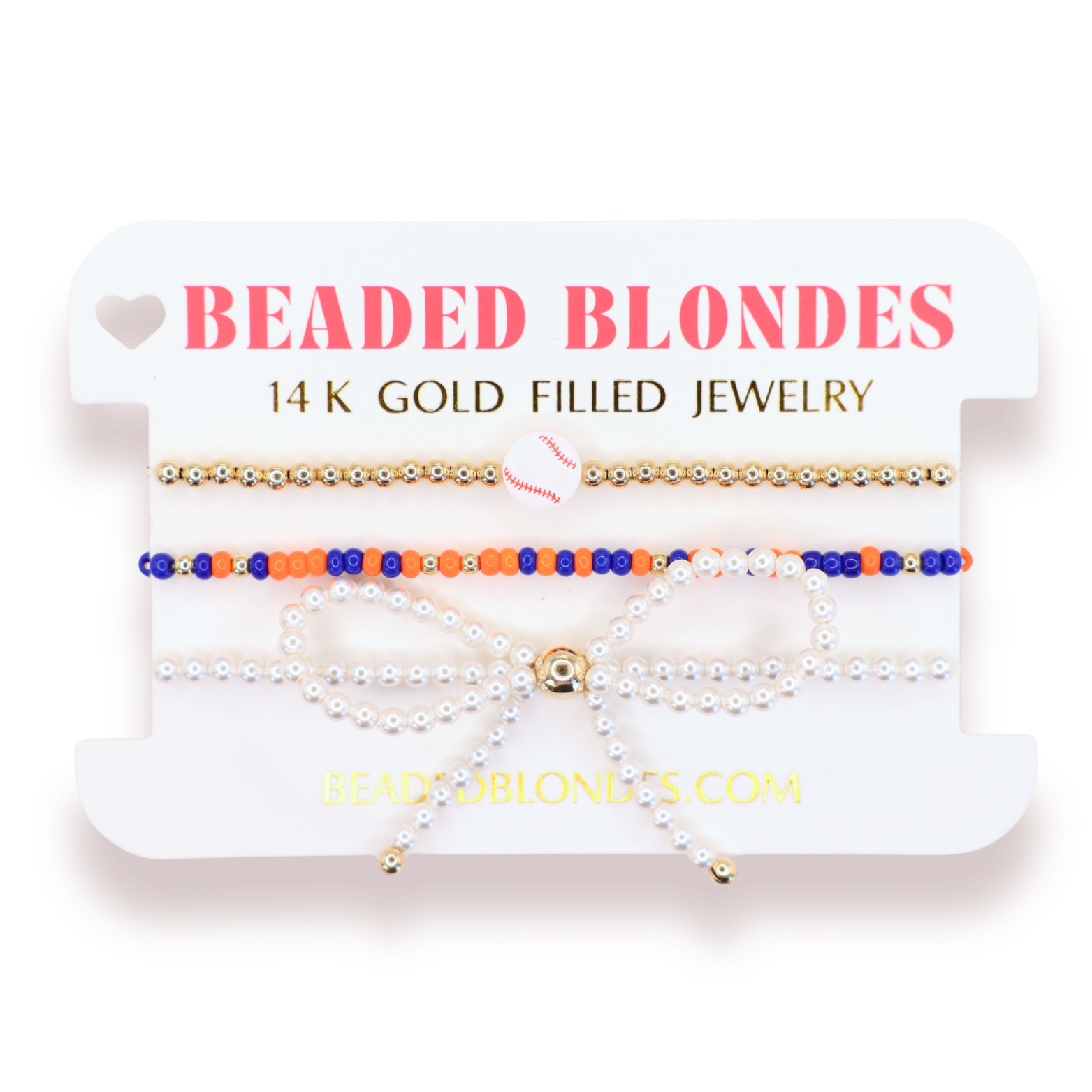 Baseball + Cobalt Blue and Orange Sprinkle Bracelet + Pearl Bow (Stack of 3)