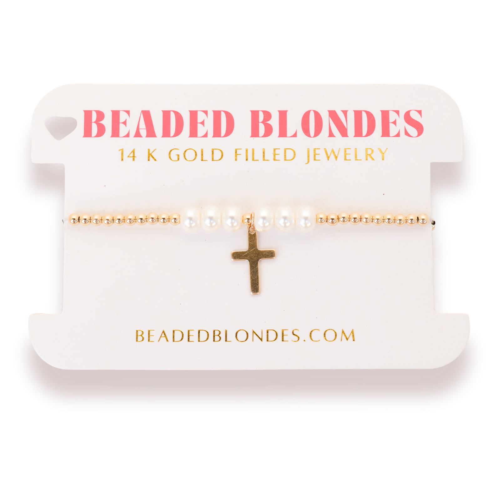 Cross + Pearl Gold Charm Bracelet