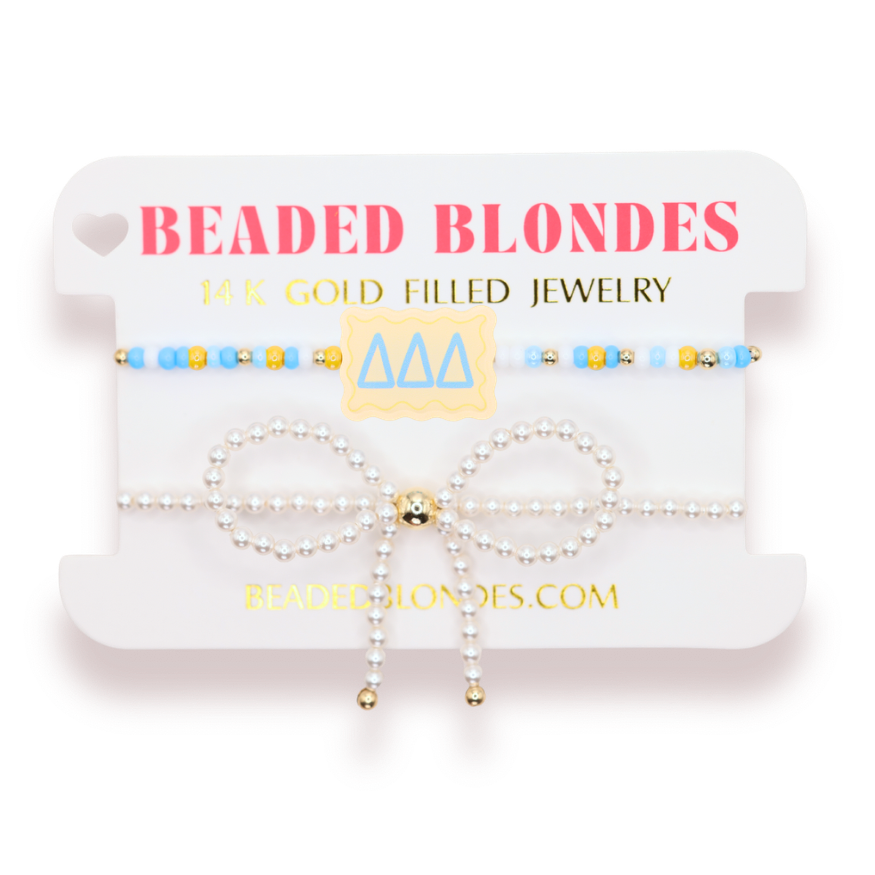 Tri Delta Block Bracelet + Pearl Bow Stack of 2