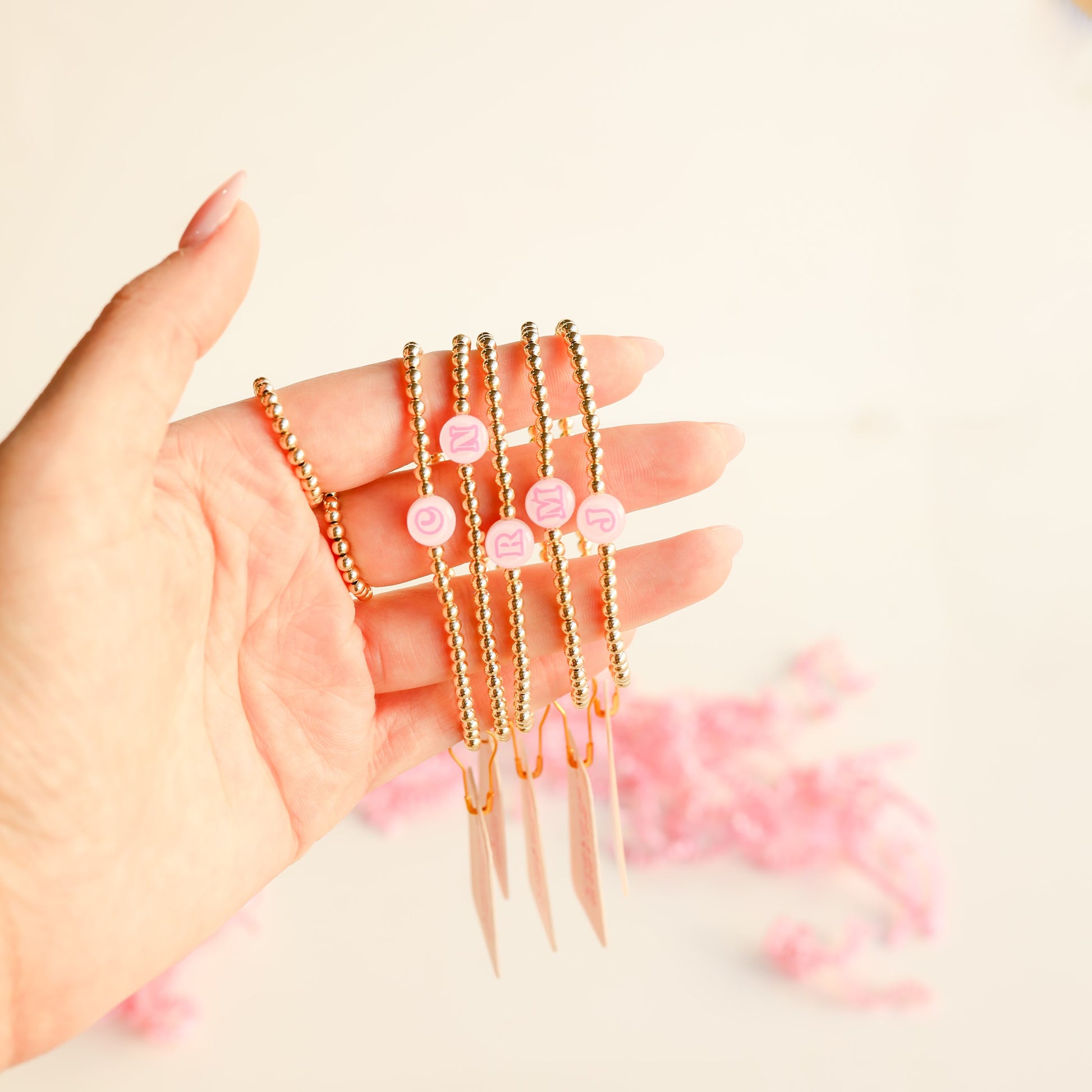 BB Pink Bead Initial Letter Bracelet (up to 6 letters)
