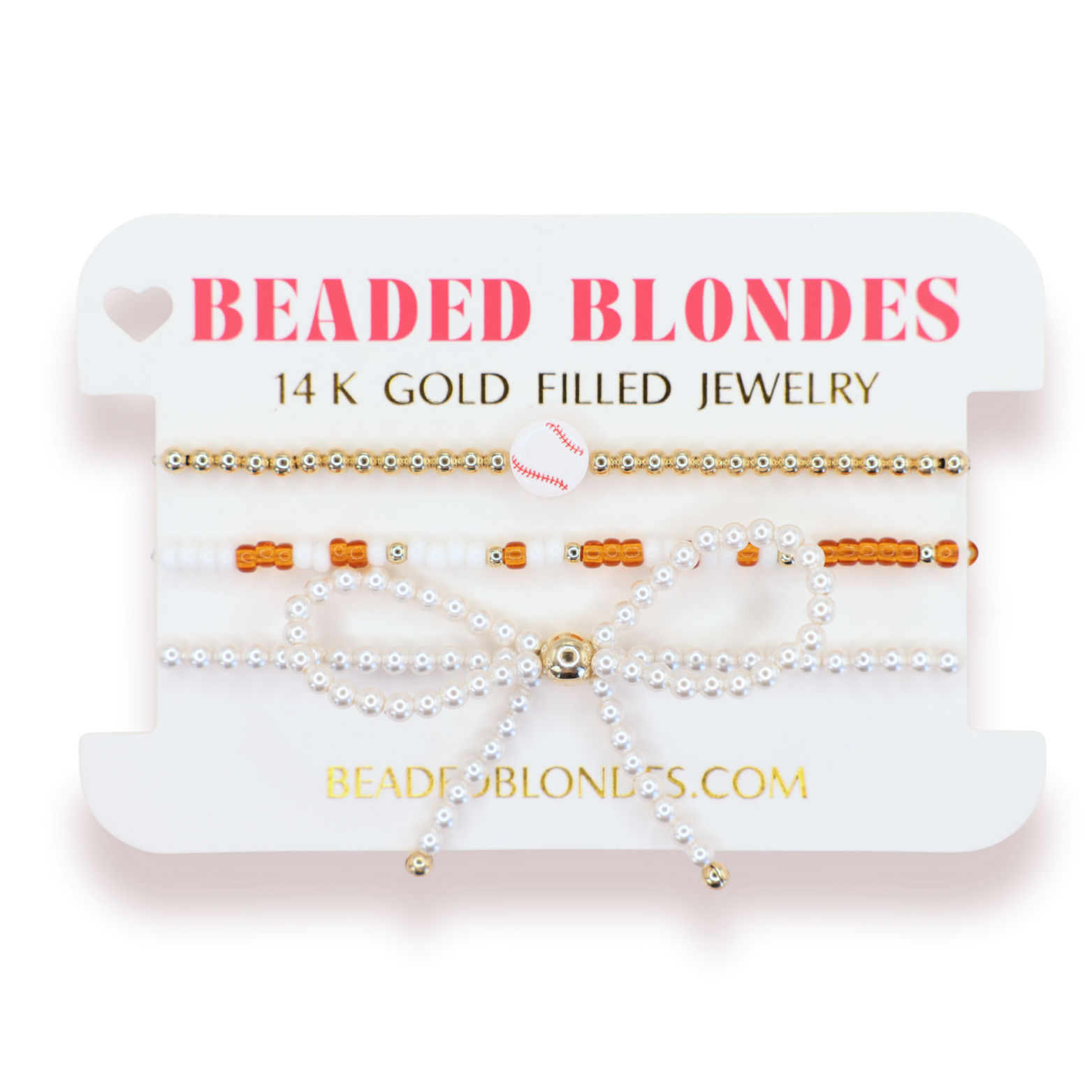 Baseball + Burnt orange and White Sprinkle Bracelet + Pearl Bow (Stack of 3)