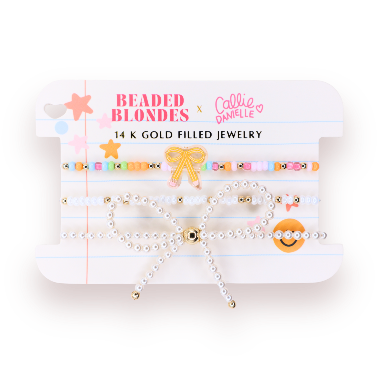 Pencil Bow Bracelet on Color + Luster White Sprinkle + Pearl Bow Stack of 3