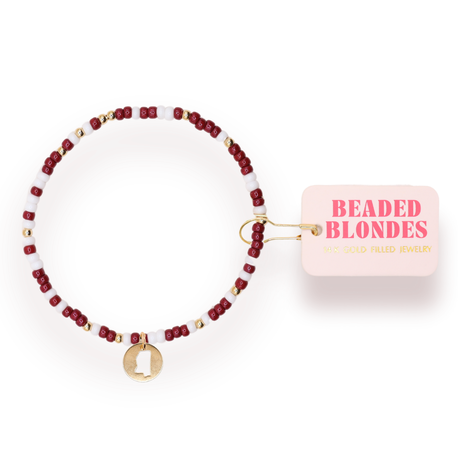 Mississippi (Maroon and White) State Cutout Charm Bracelet on Color