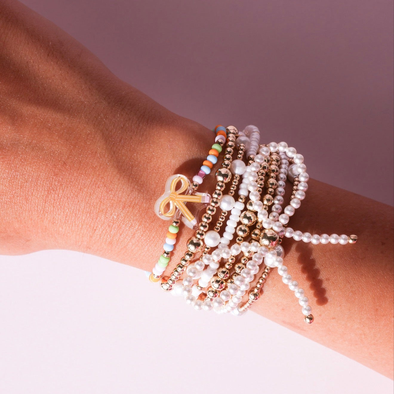 Pencil Bow Bracelet on Color + Luster White Sprinkle + Pearl Bow Stack of 3