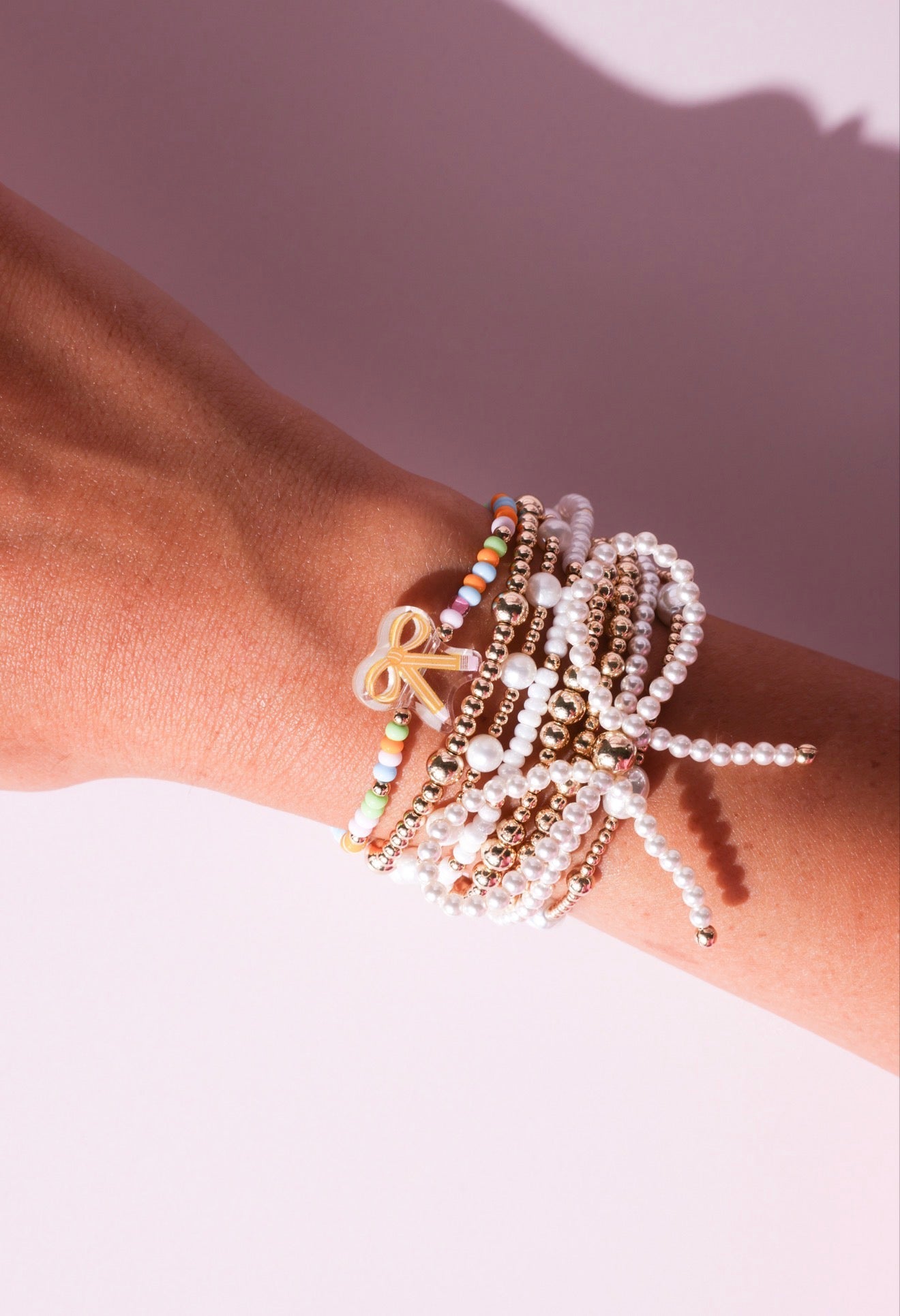Pencil Bow Bracelet on Color + Luster White Sprinkle Stack of 2