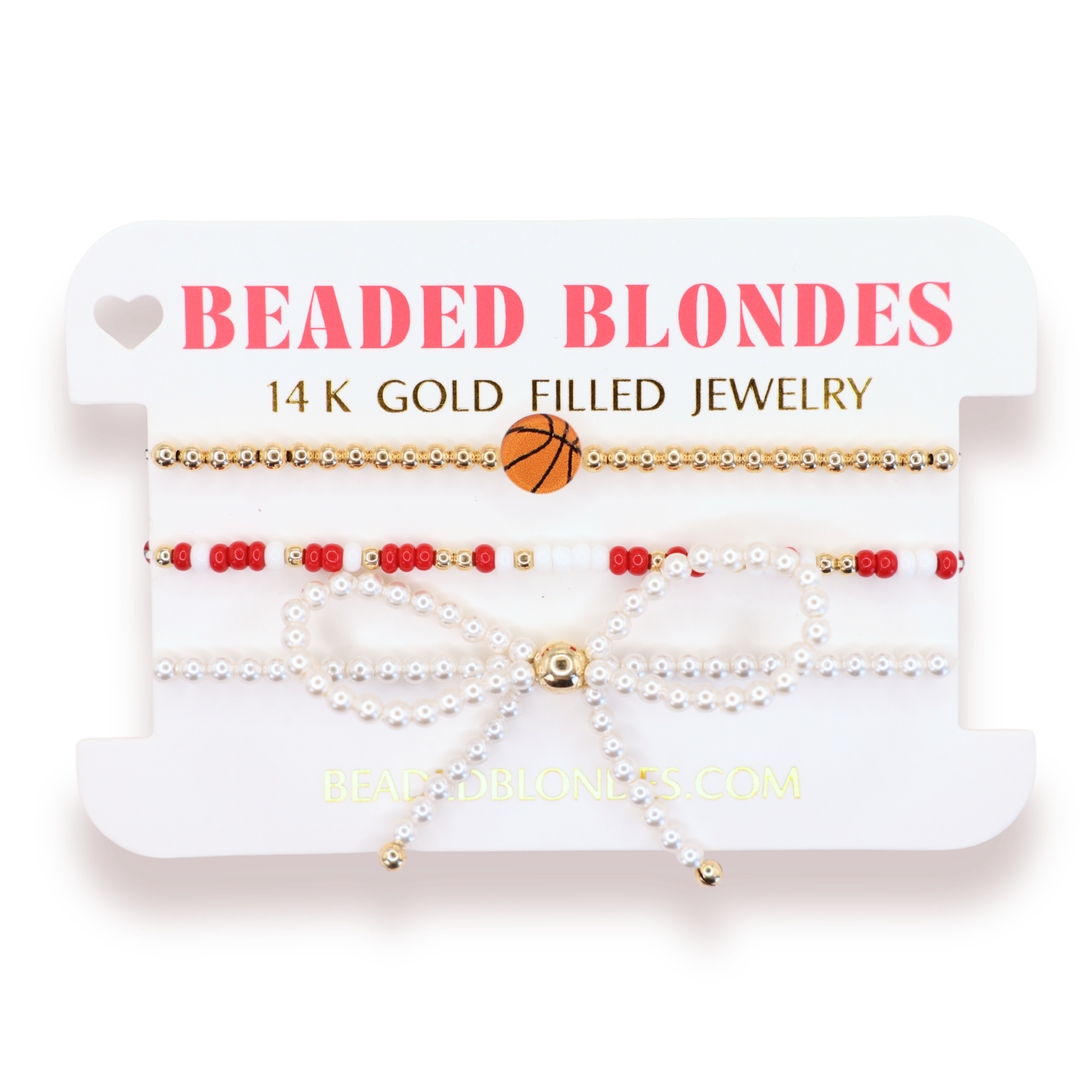 Basketball + Crimson Red and White Bracelet + Pearl Bow (Stack of 3)