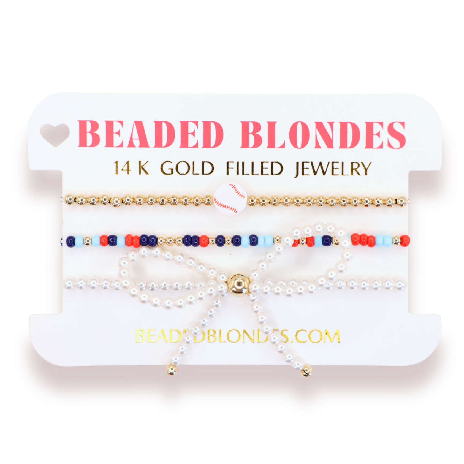 Baseball + Bright Red and Blues Sprinkle Bracelet + Pearl Bow (Stack of 3)