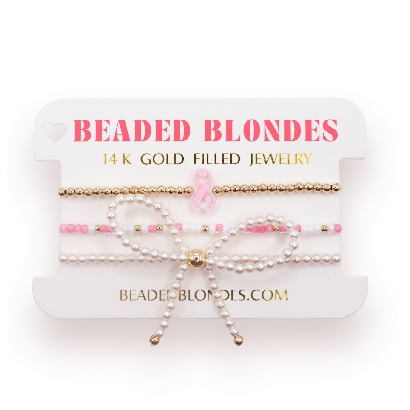 Breast Cancer Ribbon  + Sprinkle + Bow Bracelet Stack of 3