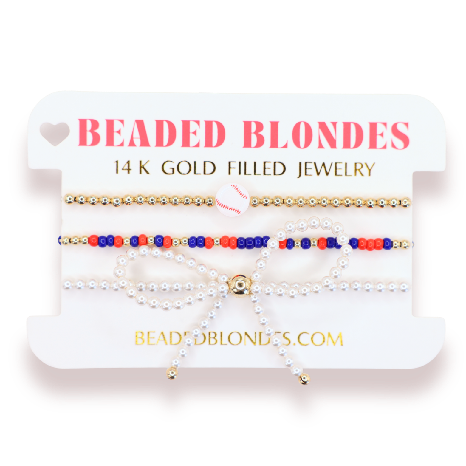 Baseball + Bright Red and Cobalt Blue Sprinkle Bracelet + Pearl Bow (Stack of 3)