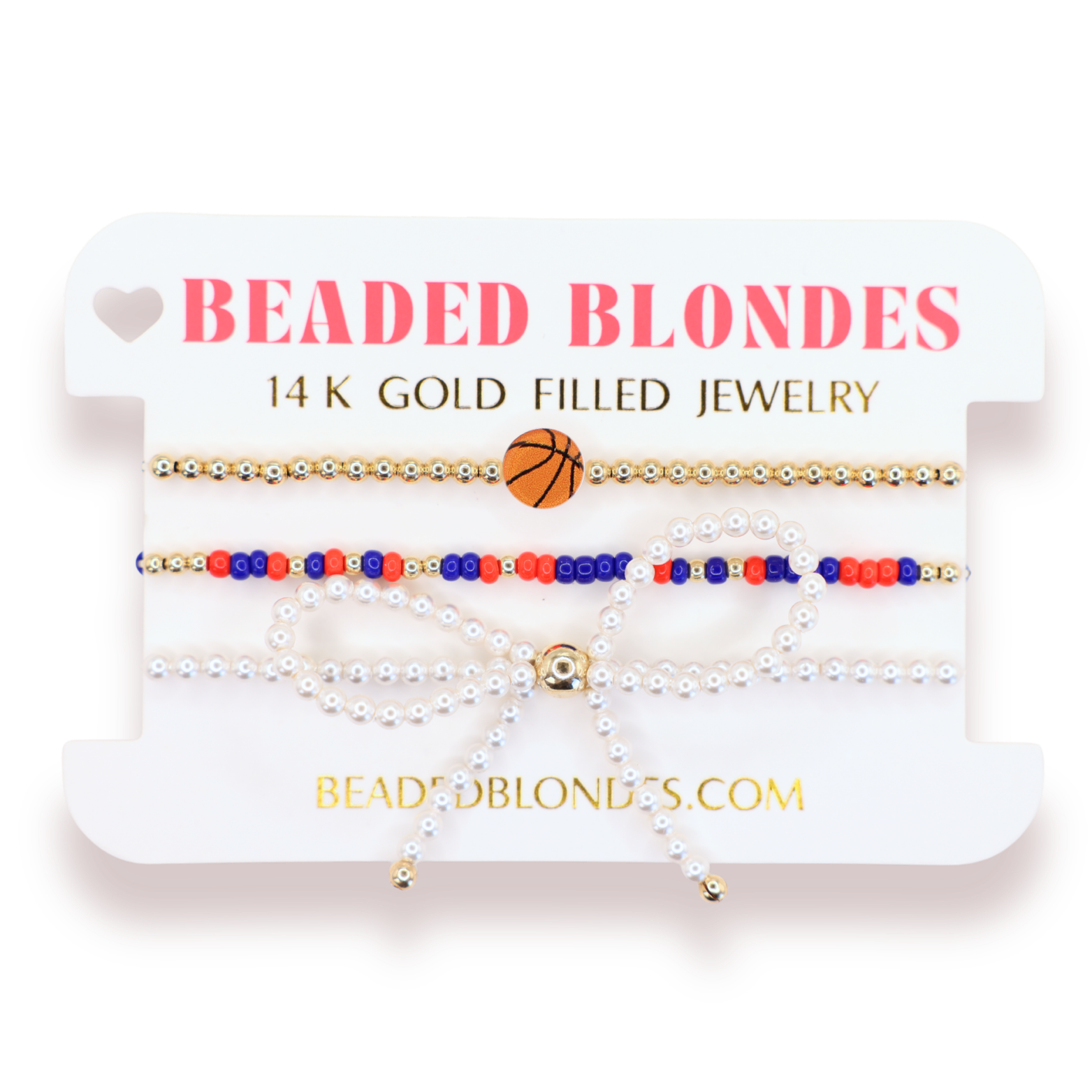Basketball + Bright Red and Cobalt Blue Sprinkle Bracelet + Pearl Bow (Stack of 3)