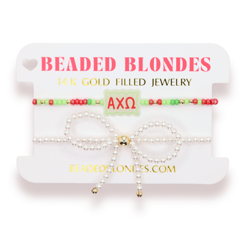Alpha Chi Omega Block Bracelet + Pearl Bow Stack of 2