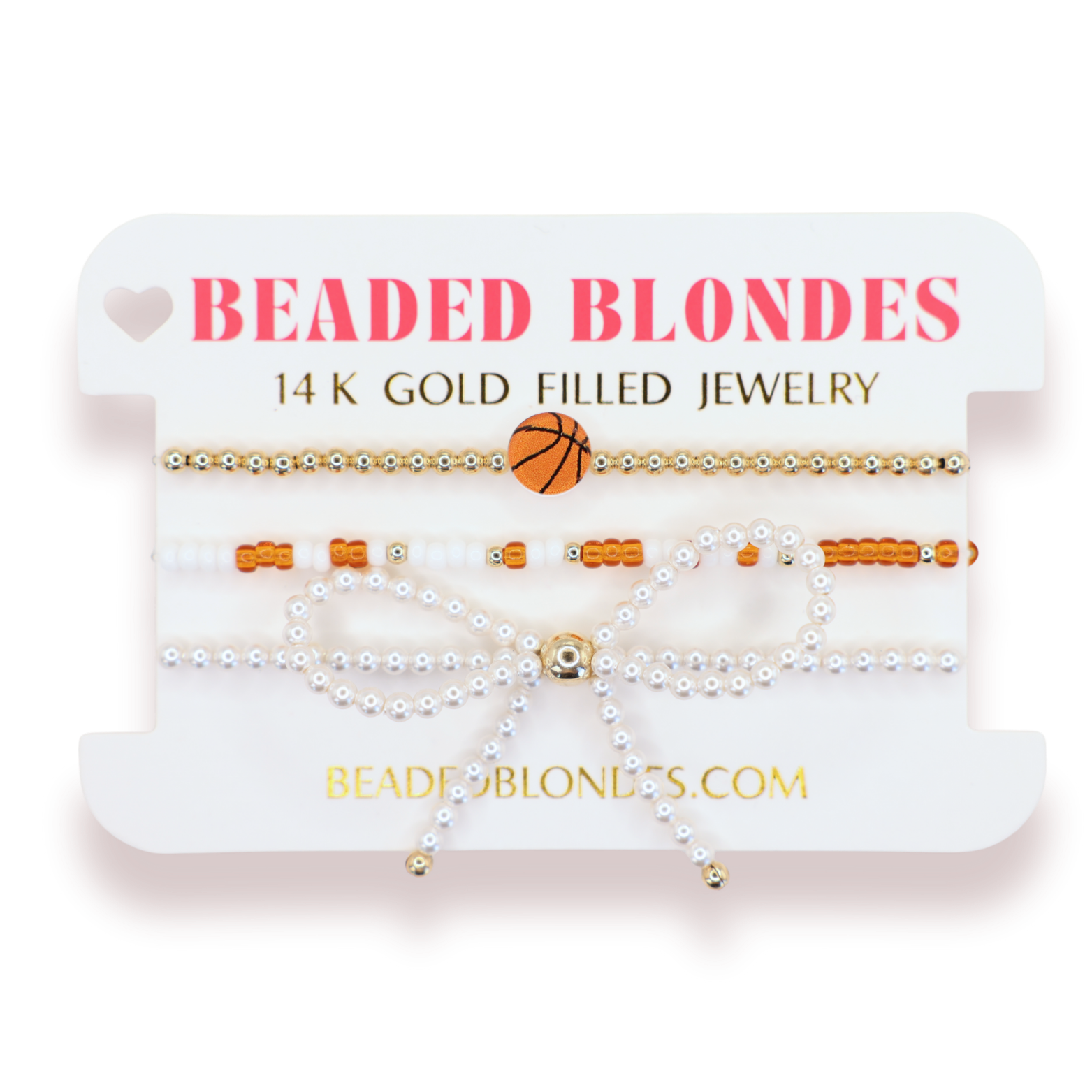 Basketball + Burnt orange and White Sprinkle Bracelet + Pearl Bow (Stack of 3)