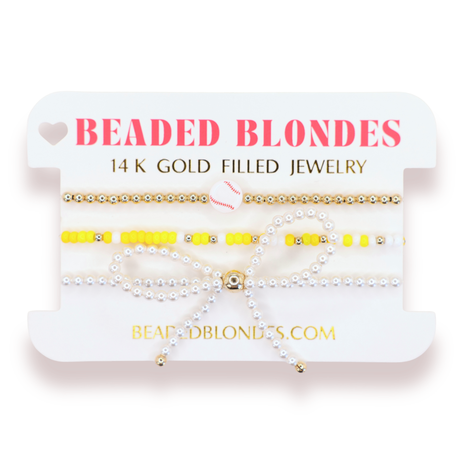 Baseball + Yellow and White Sprinkle Bracelet + Pearl Bow (Stack of 3)