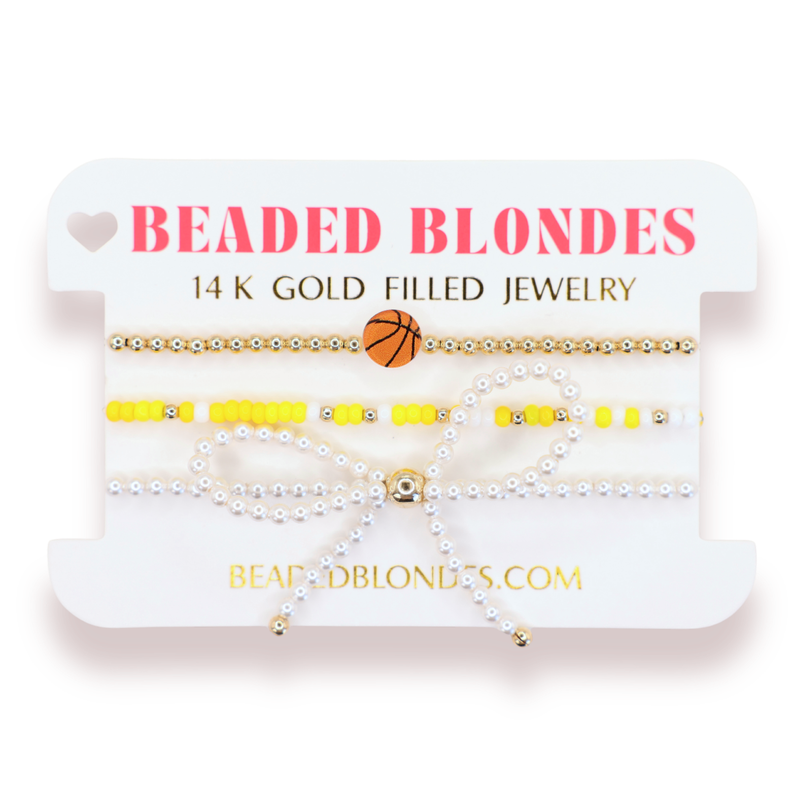 Basketball + Yellow and White Sprinkle Bracelet + Pearl Bow (Stack of 3)