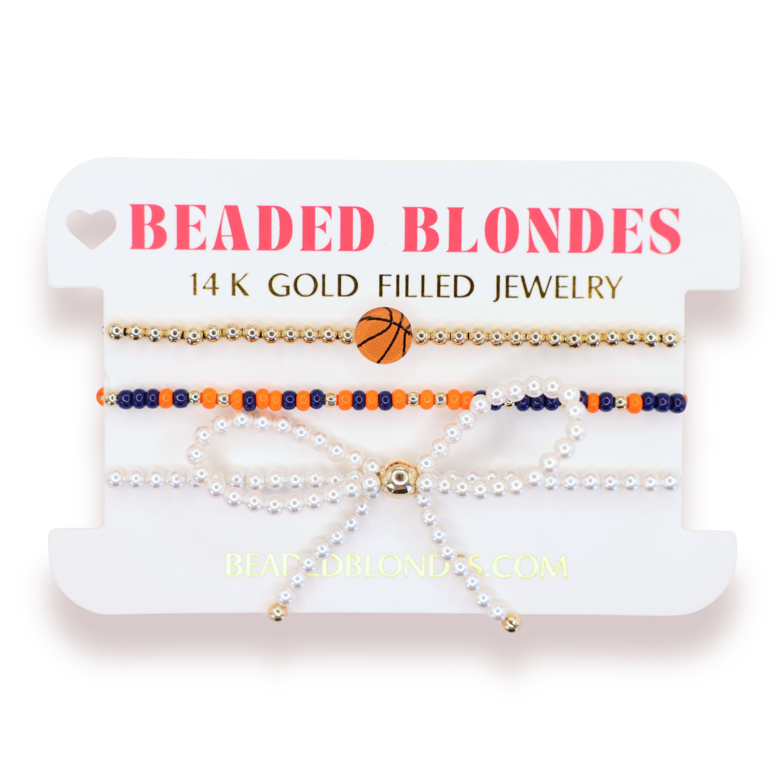 Basketball + Navy Blue and Orange Sprinkle Bracelet + Pearl Bow (Stack of 3)