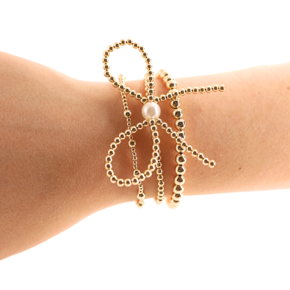 Gold Bow Pearl Bracelet Set For Women – 5-Pack Stackable Stretch Bracelets, Boho Gift Set