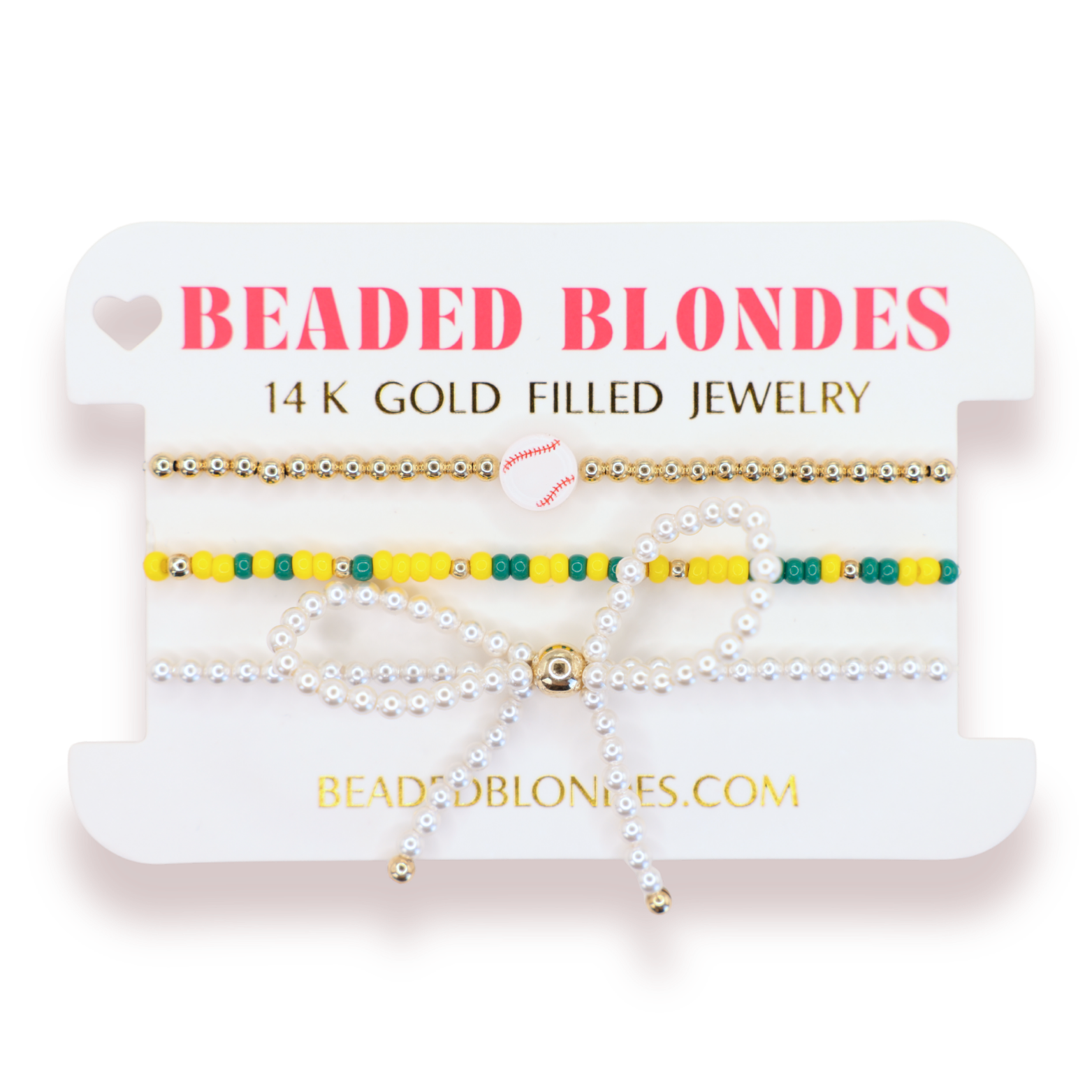 Baseball + Green and Yellow Sprinkle Bracelet + Pearl Bow (Stack of 3)