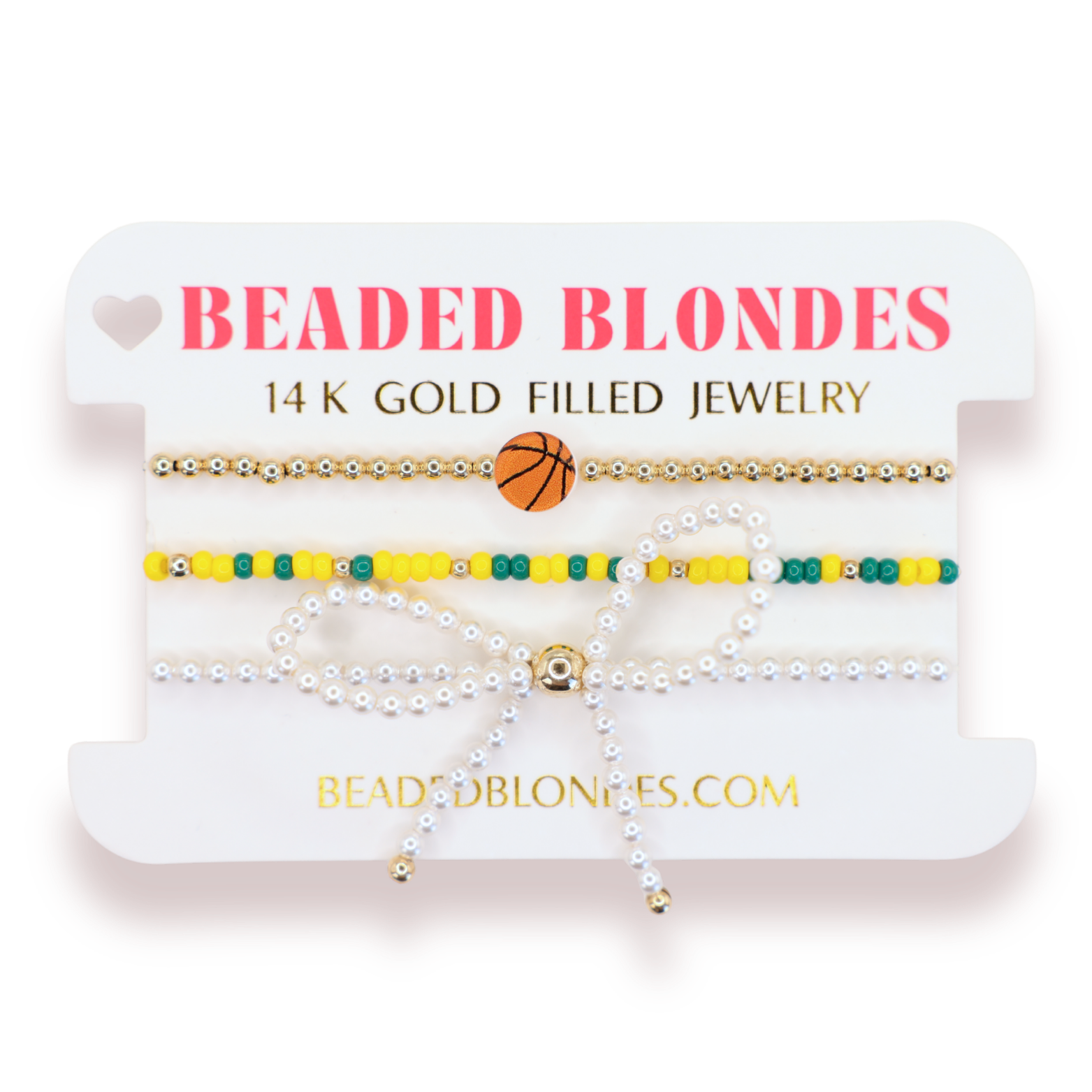 Basketball + Green and Yellow Sprinkle Bracelet + Pearl Bow (Stack of 3)