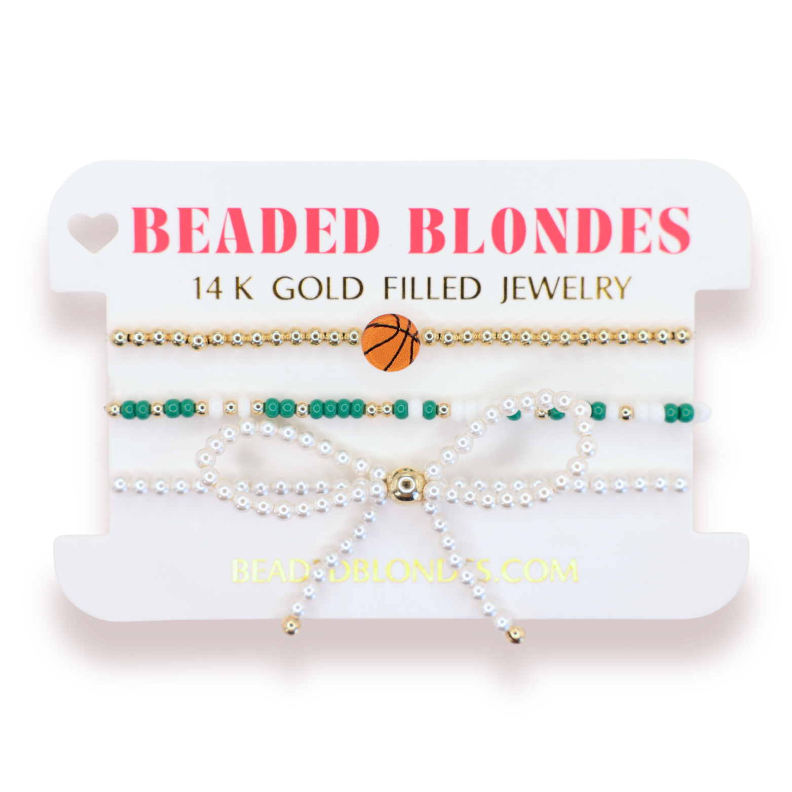 Basketball + Green and White Sprinkle Bracelet + Pearl Bow (Stack of 3)