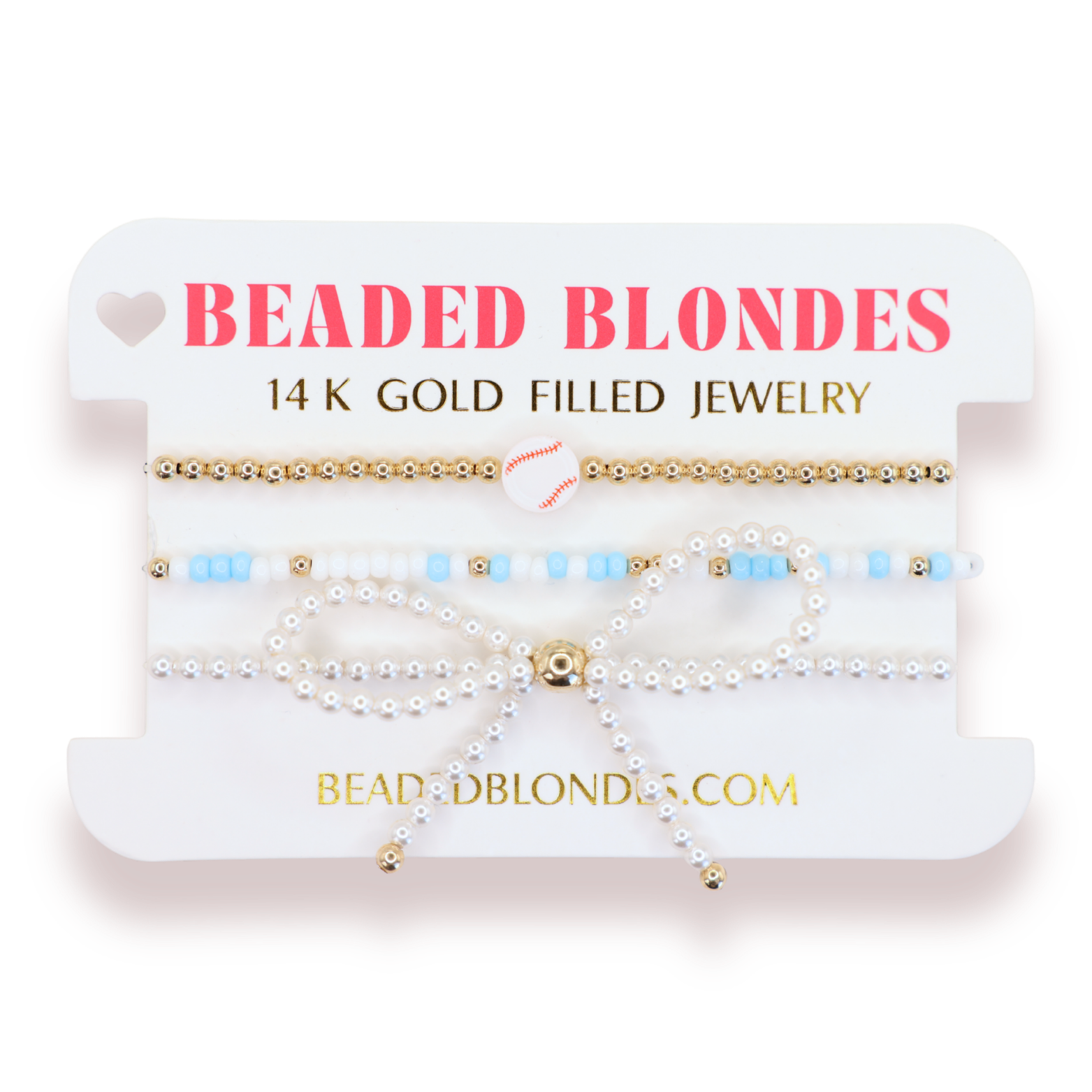 Baseball + Powder Blue and White Sprinkle Bracelet + Pearl Bow (Stack of 3)