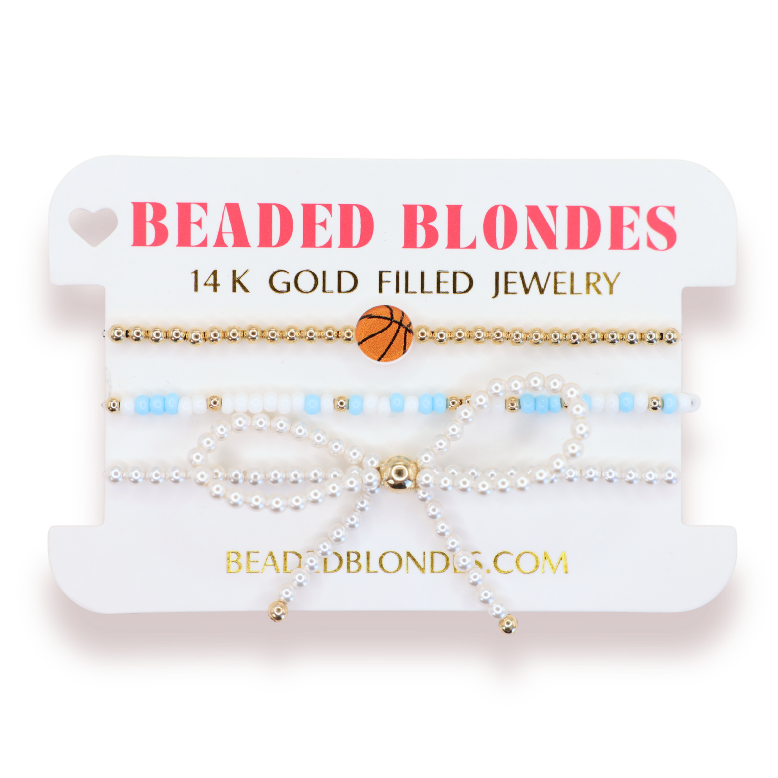 Basketball + Powder Blue and White Sprinkle Bracelet + Pearl Bow (Stack of 3)