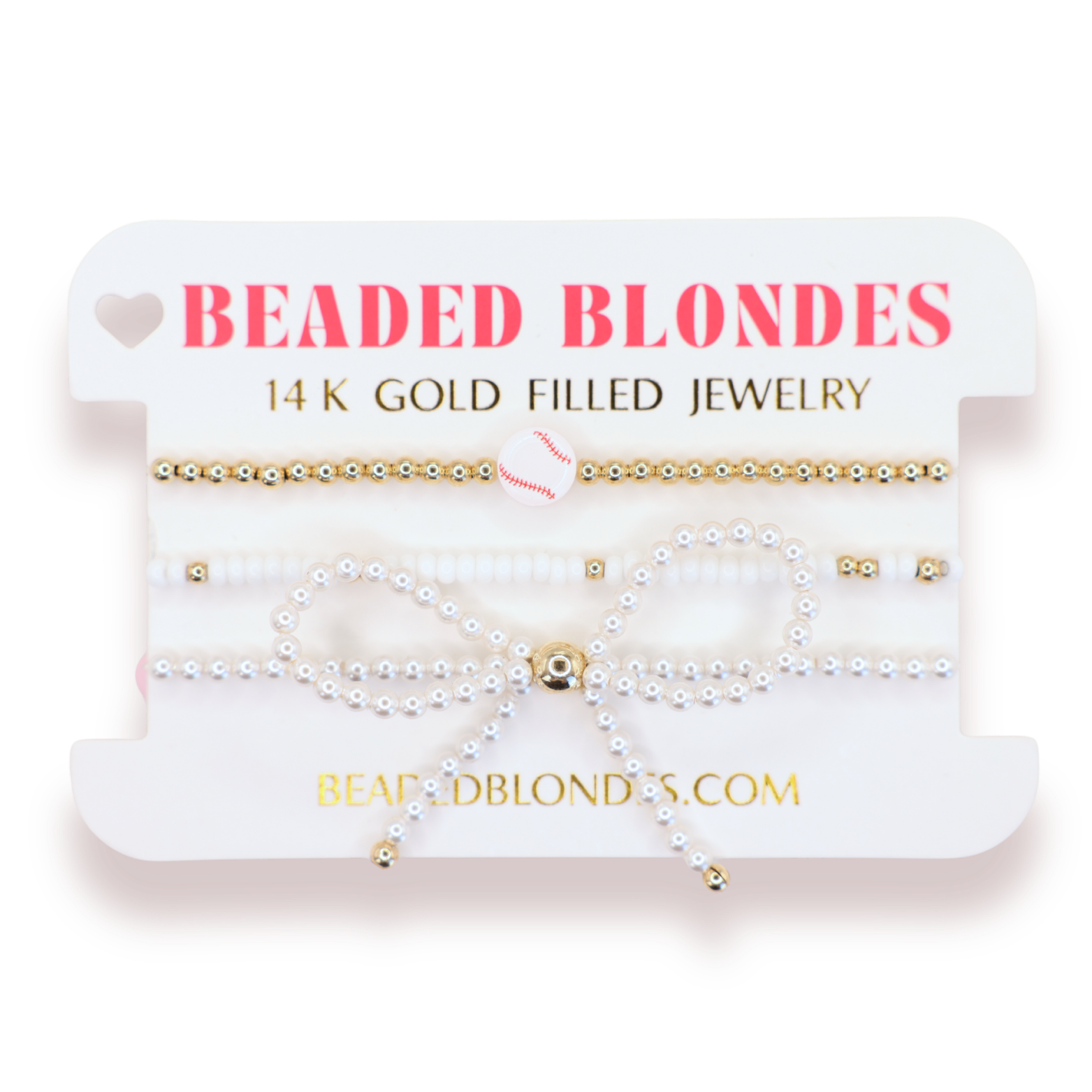 Baseball + White Sprinkle Bracelet + Pearl Bow (Stack of 3)