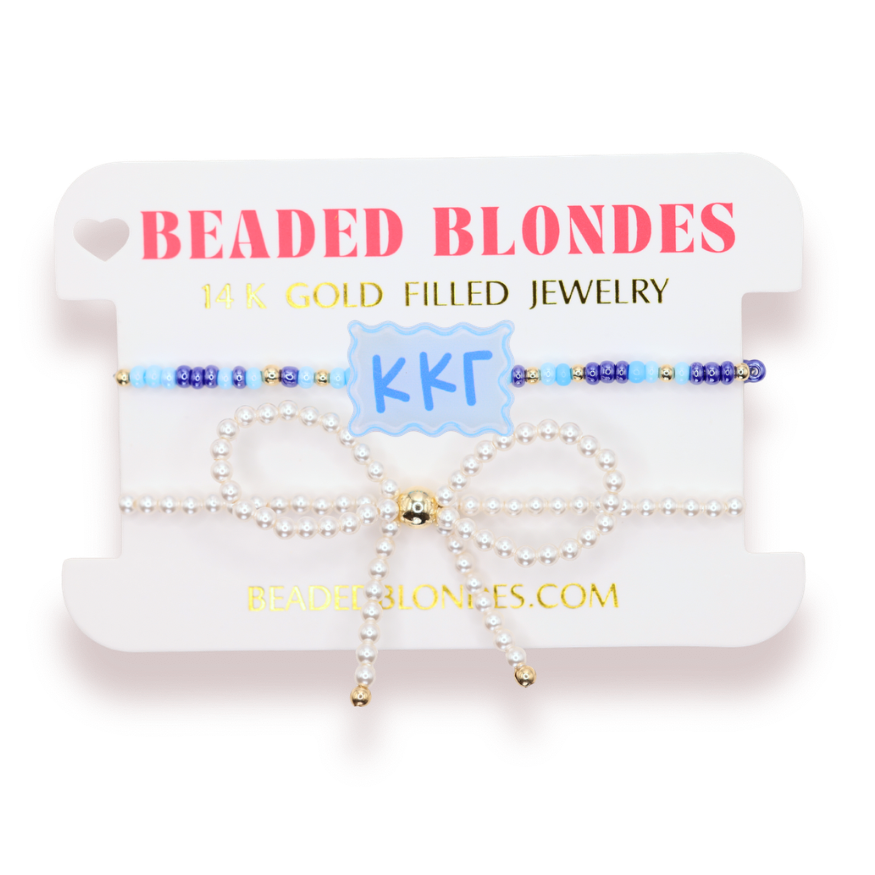 Kappa Kappa Gamma Block Bracelet + Pearl Bow Stack of 2