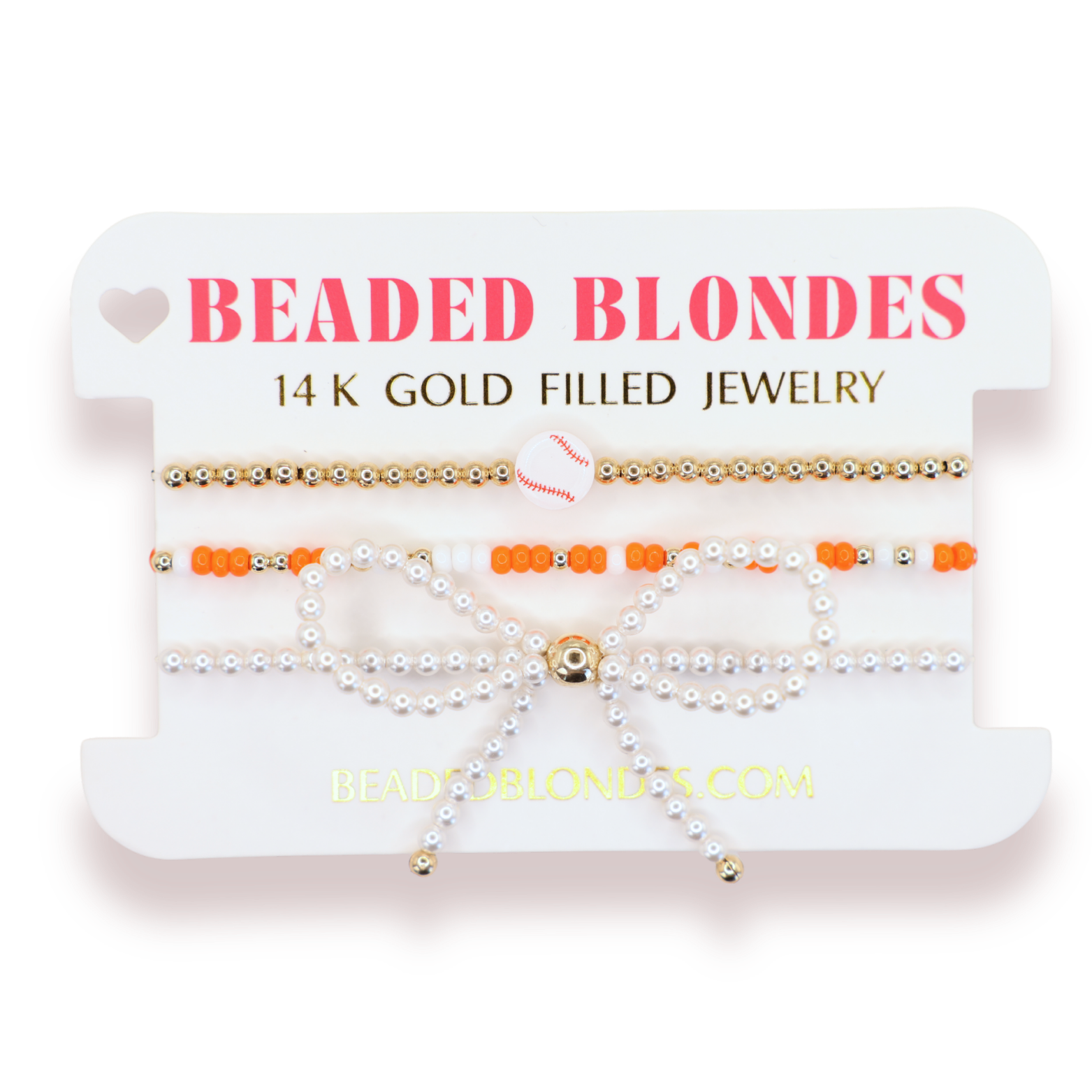 Baseball + Orange and White Sprinkle Bracelet + Pearl Bow (Stack of 3)