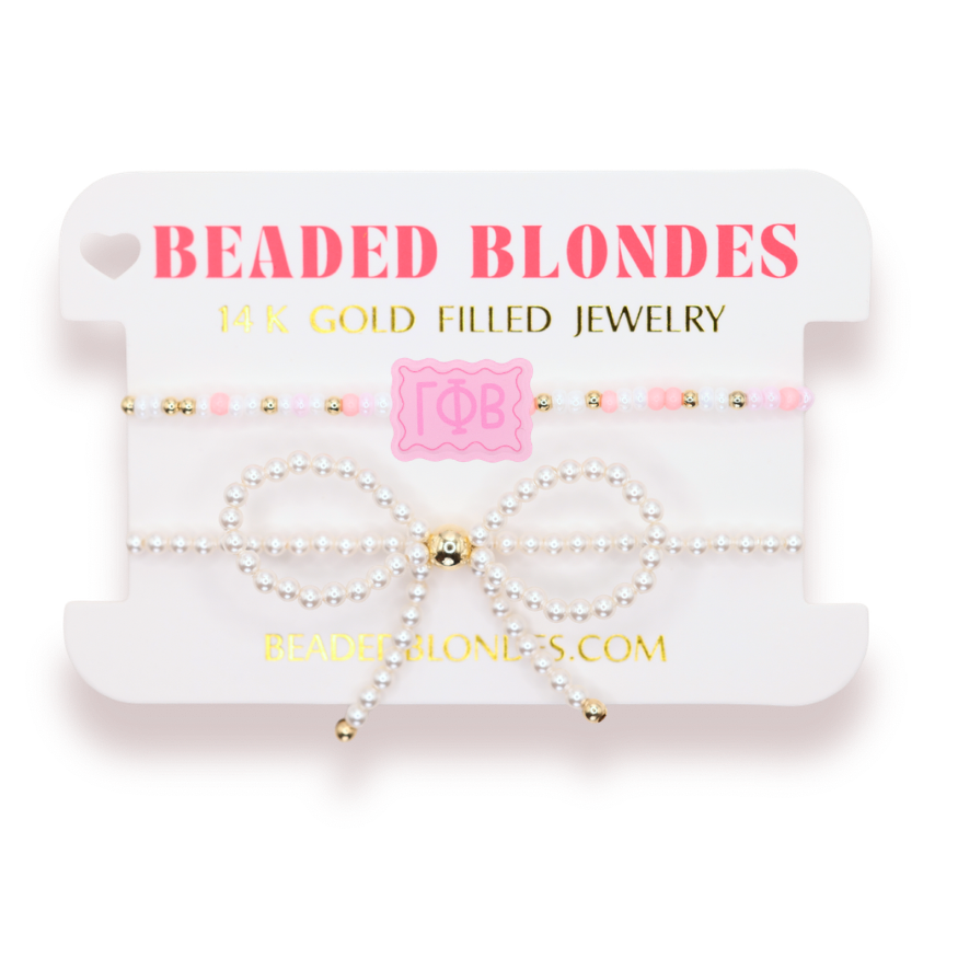 Gamma Phi Beta Block Bracelet + Pearl Bow Stack of 2