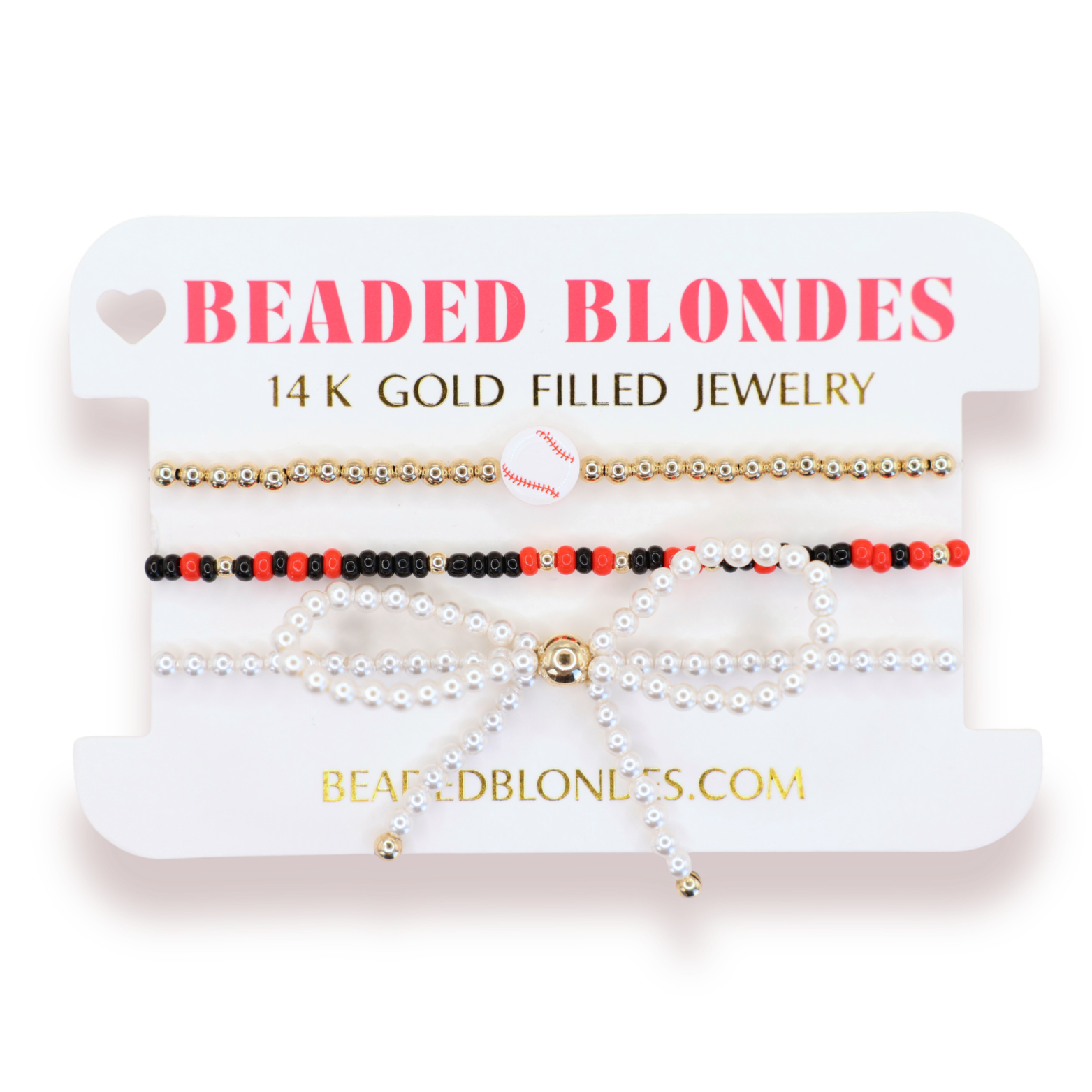Baseball + Bright Red and Black Sprinkle Bracelet + Pearl Bow (Stack of 3)