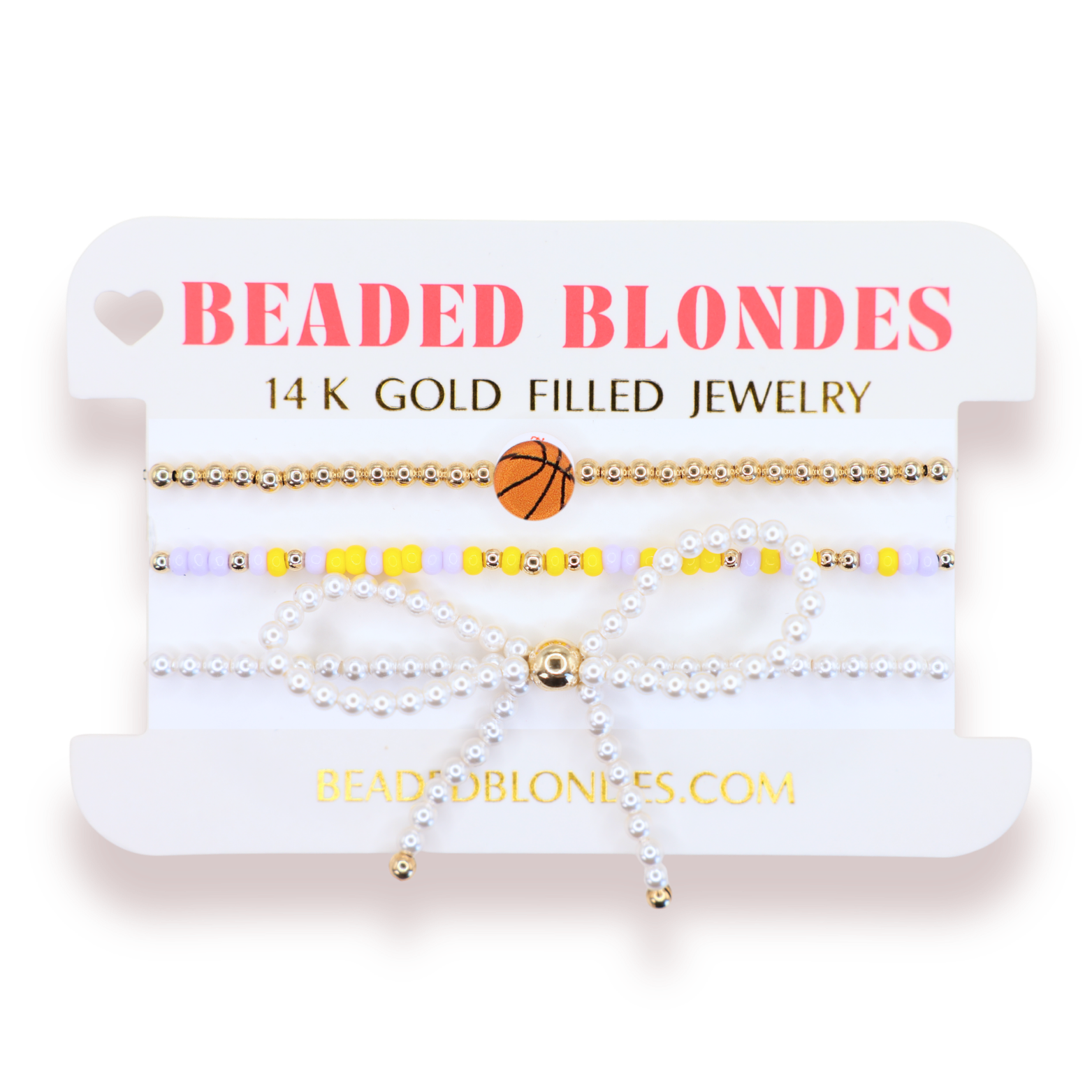 Basketball + Lilac and Yellow Sprinkle Bracelet + Pearl Bow (Stack of 3)