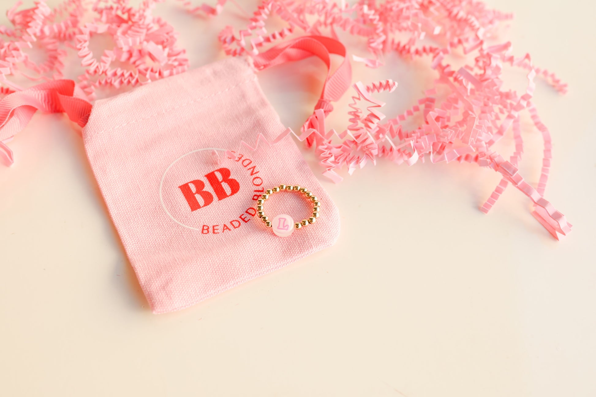 Pink BB Bead Initial Letter Ring