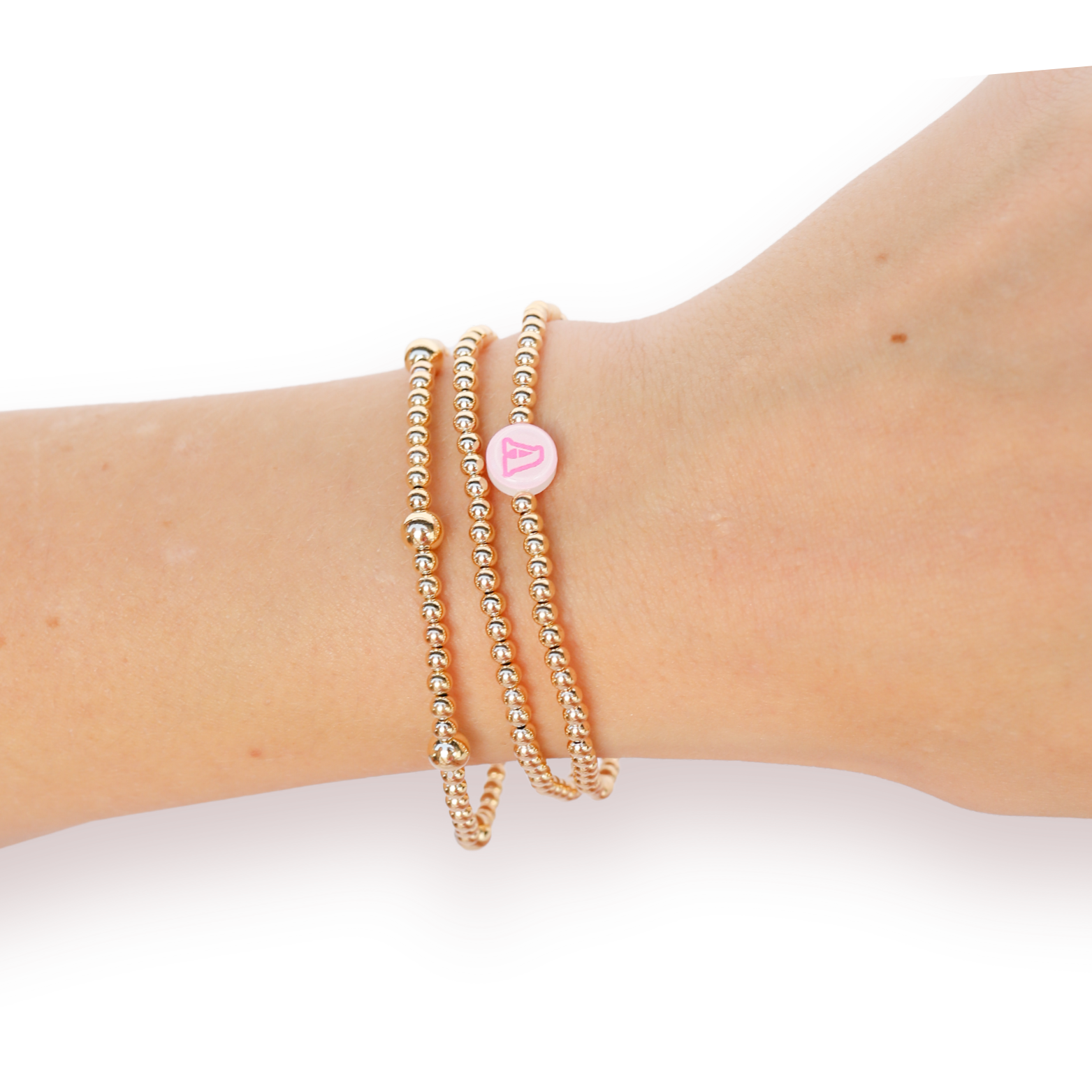 Olive + 3MM + Pink Initial Bracelet Stack