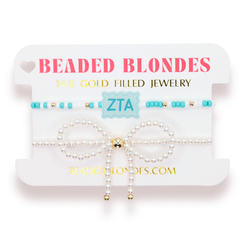 Zeta Tau Alpha Block Bracelet + Pearl Bow Stack of 2