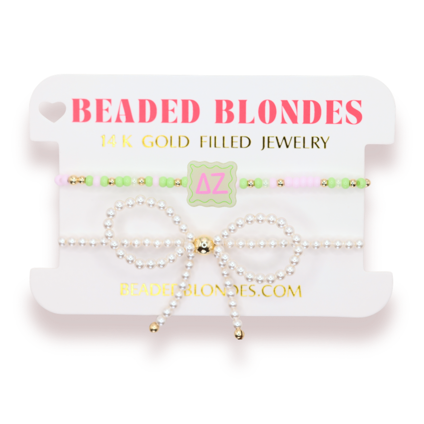Delta Zeta Block Bracelet + Pearl Bow Stack of 2