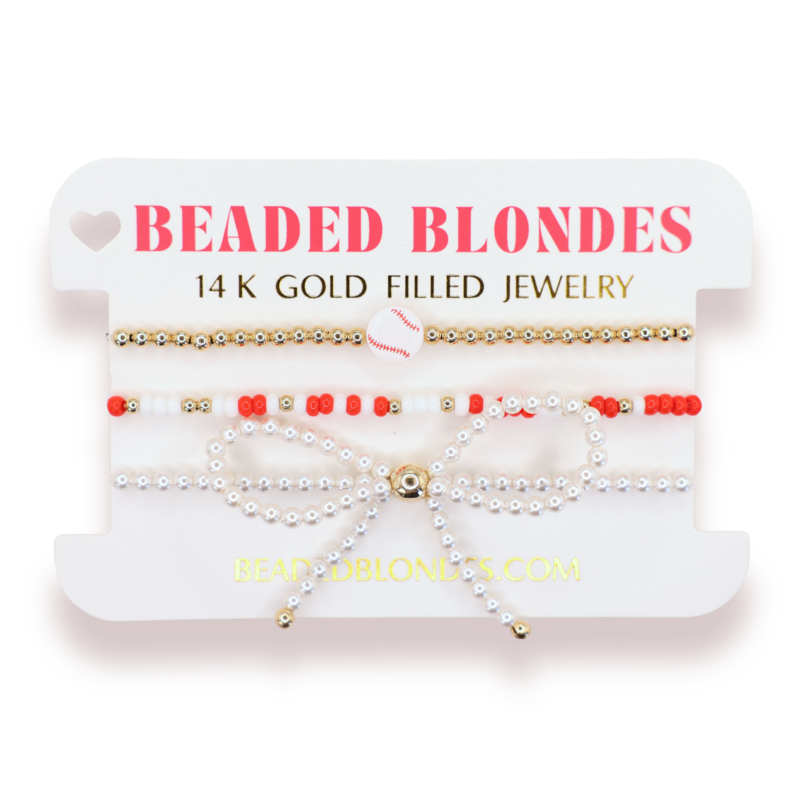 Baseball +  Bright Red and White Sprinkle Bracelet + Pearl Bow (Stack of 3)